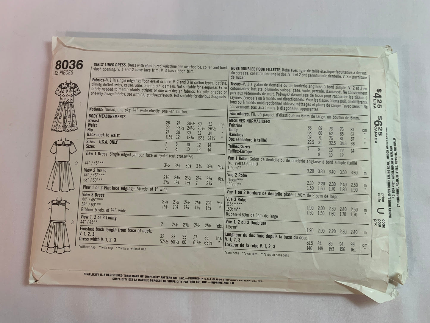 Simplicity Sewing Pattern 8036 Girls' Dress, Lined, Elastic Waist, Collar, Gathered Skirt, Short Sleeves, 3 Variations, Size 7-10, Uncut, Vintage 1986