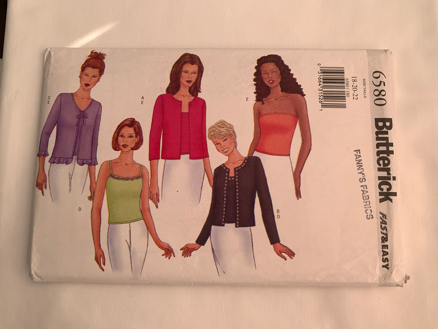 Butterick Sewing Pattern 6580 Misses'/Petite Cardigan, Top, Long Sleeves, Sleeveless, Close-Fitting, Size 18-22, Uncut, 2000