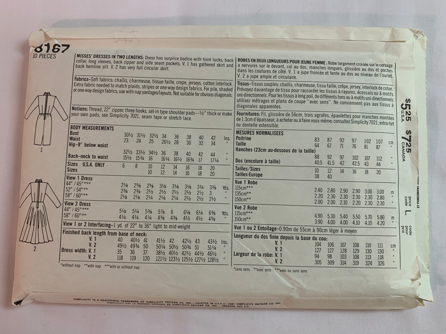 Simplicity Sewing Pattern 8167 Misses' Dress, Two Lengths, Zipper Back, Full Gathered Skirt, Collar, Long Sleeves, Size 10, Uncut, Vintage 1987