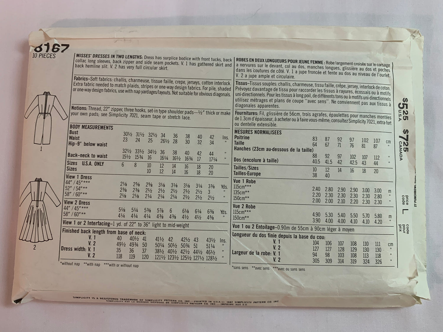 Simplicity Sewing Pattern 8167 Misses' Dress, Two Lengths, Zipper Back, Full Gathered Skirt, Collar, Long Sleeves, Size 10, Uncut, Vintage 1987