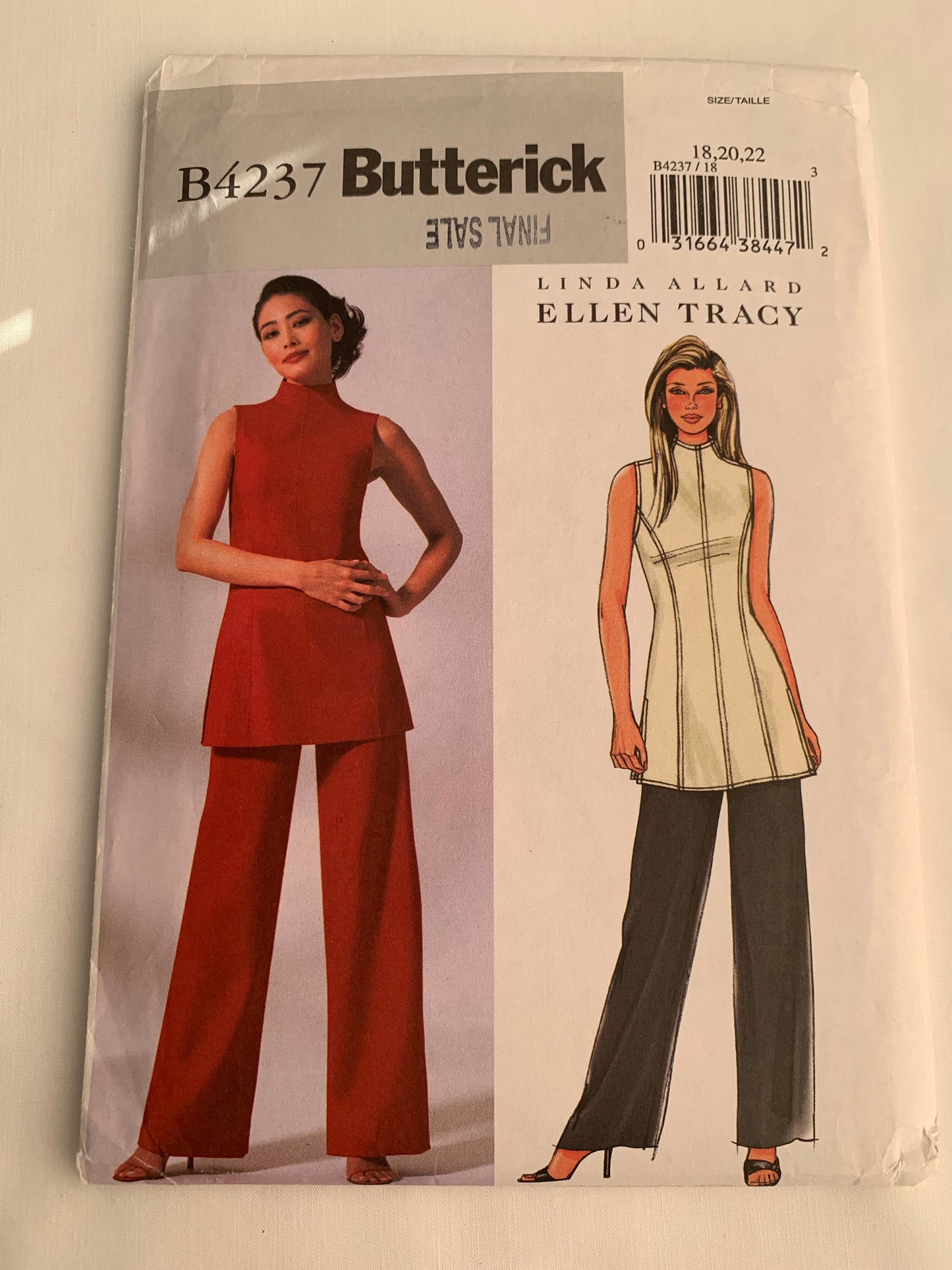 Butterick Linda Allard/Ellen Tracy Sewing Pattern B4237 Misses' Tunic, Pants, Close-Fitting, Zipper Back, Princess Seams, Sleeveless, Size 18-22, Uncut, 2003
