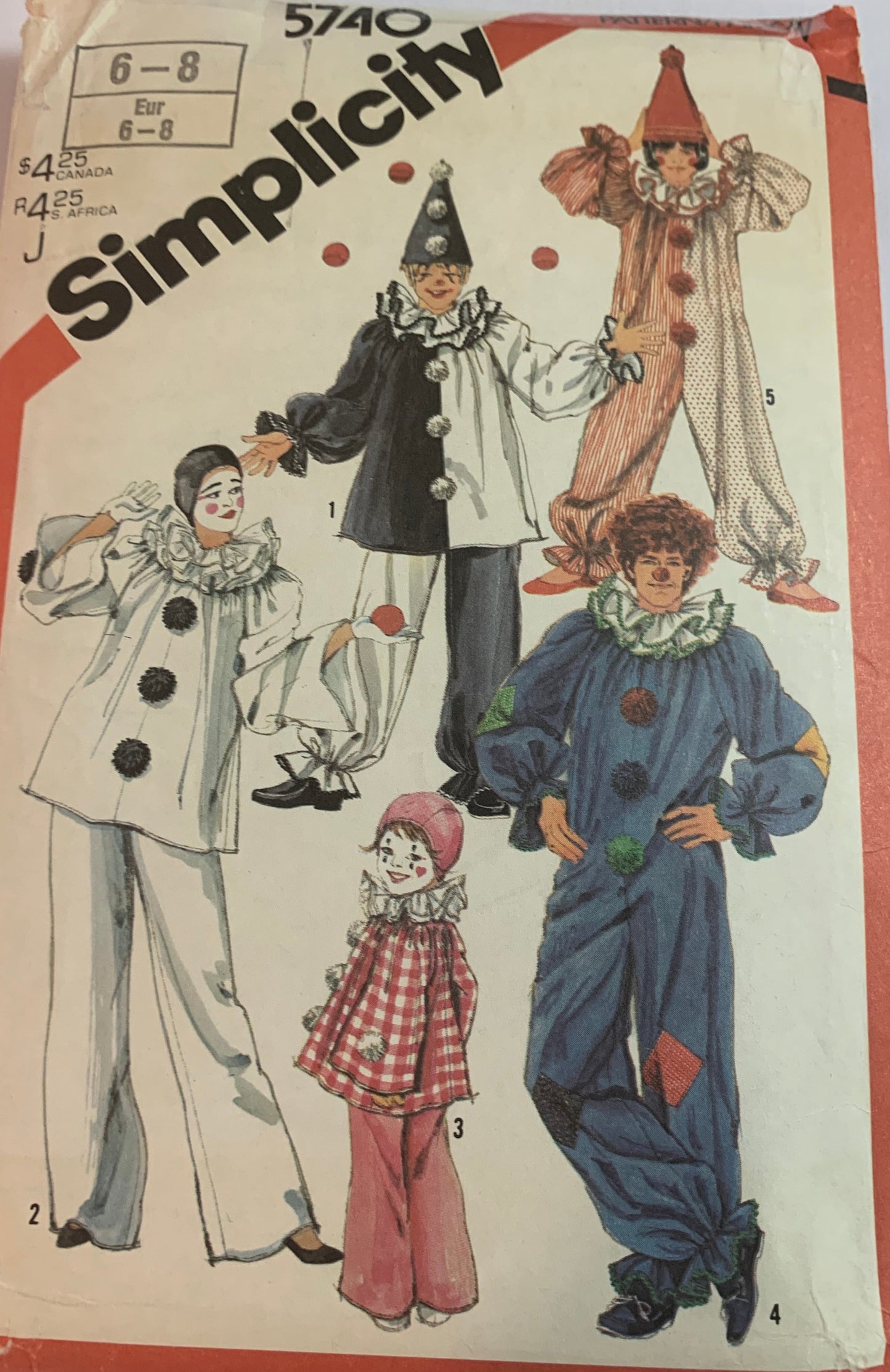 Simplicity Sewing Pattern 5740 Girls'/Boy's Costumes, Halloween, Clowns, Jumpsuit, Hats, Top, Pants, Ruffles, Long Sleeves, Size 6-8, Uncut, Vintage 1982