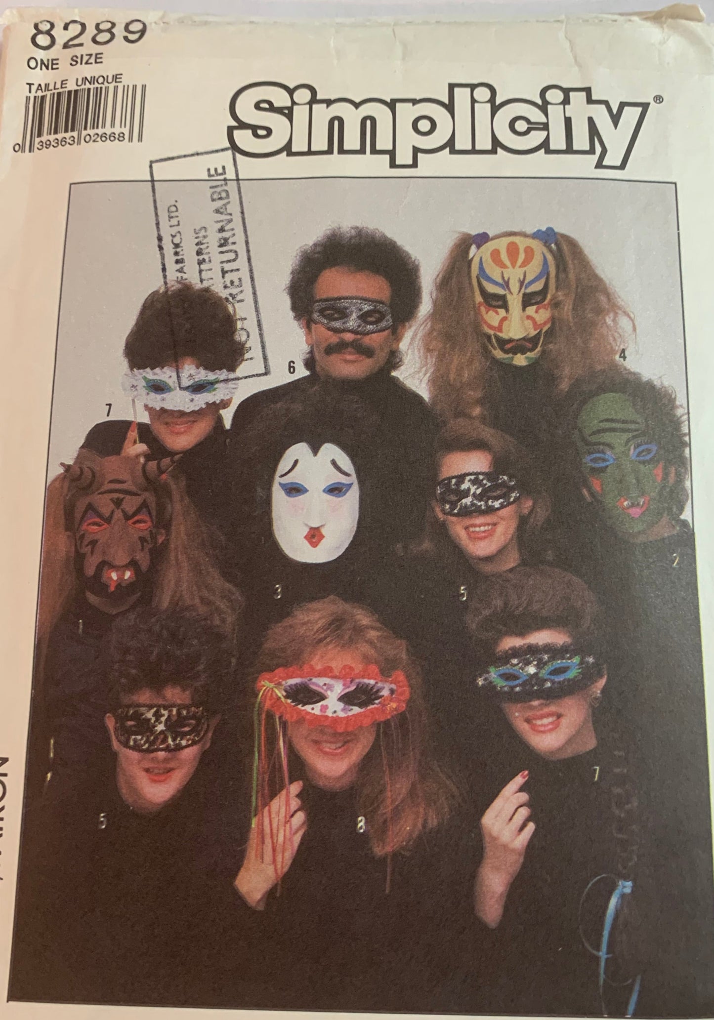 Simplicity Sewing Pattern 8289 10 Adult Masks, Halloween, Blue Ink Transfers, One Size, Uncut, Vintage 1987