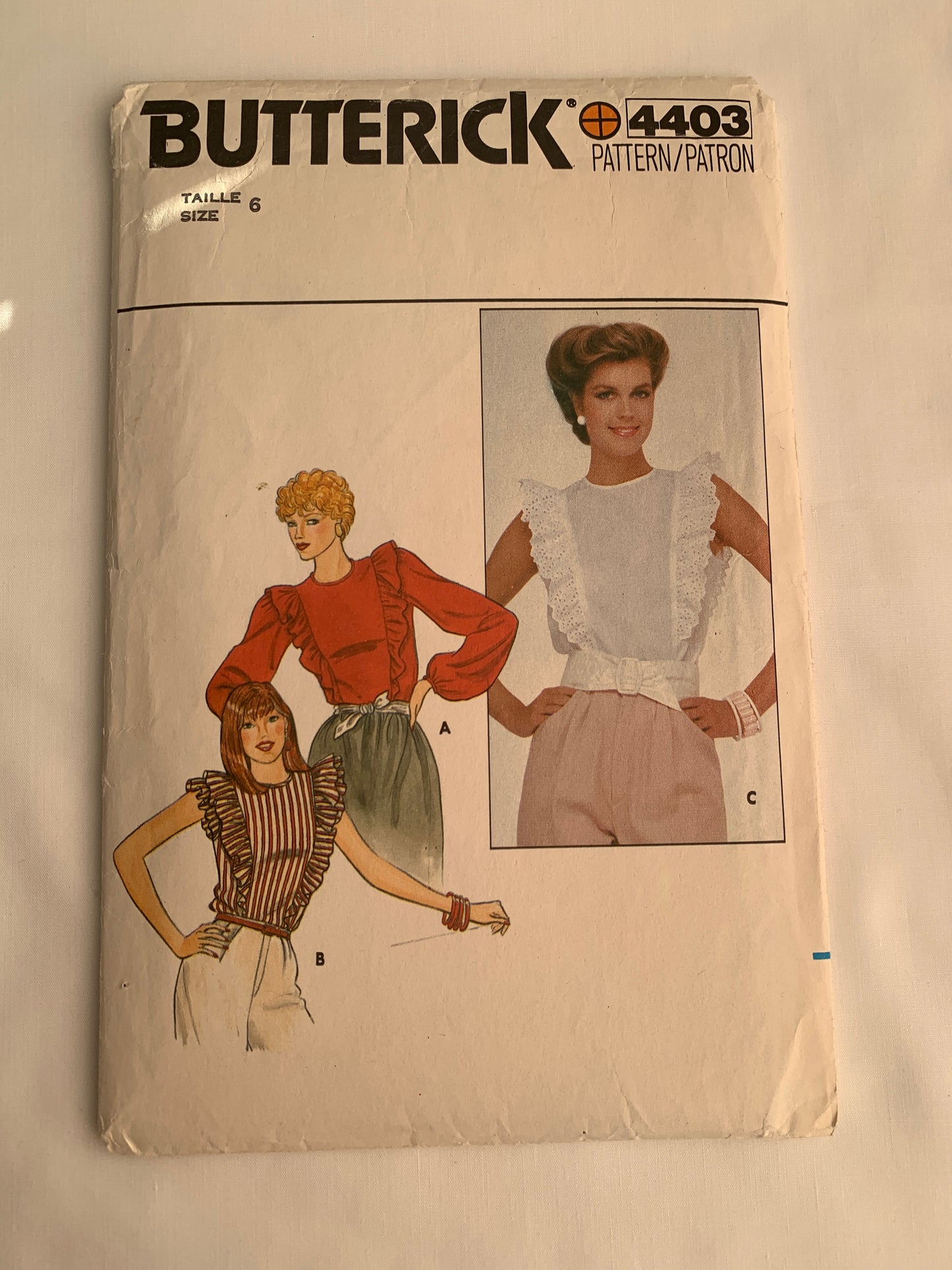 Butterick Sewing Pattern 4403 Misses' Blouse, 3 Variations, Long Sleeves, Sleeveless, Pullover, Semi-Fitted, Size 6, Uncut, Vintage 1980