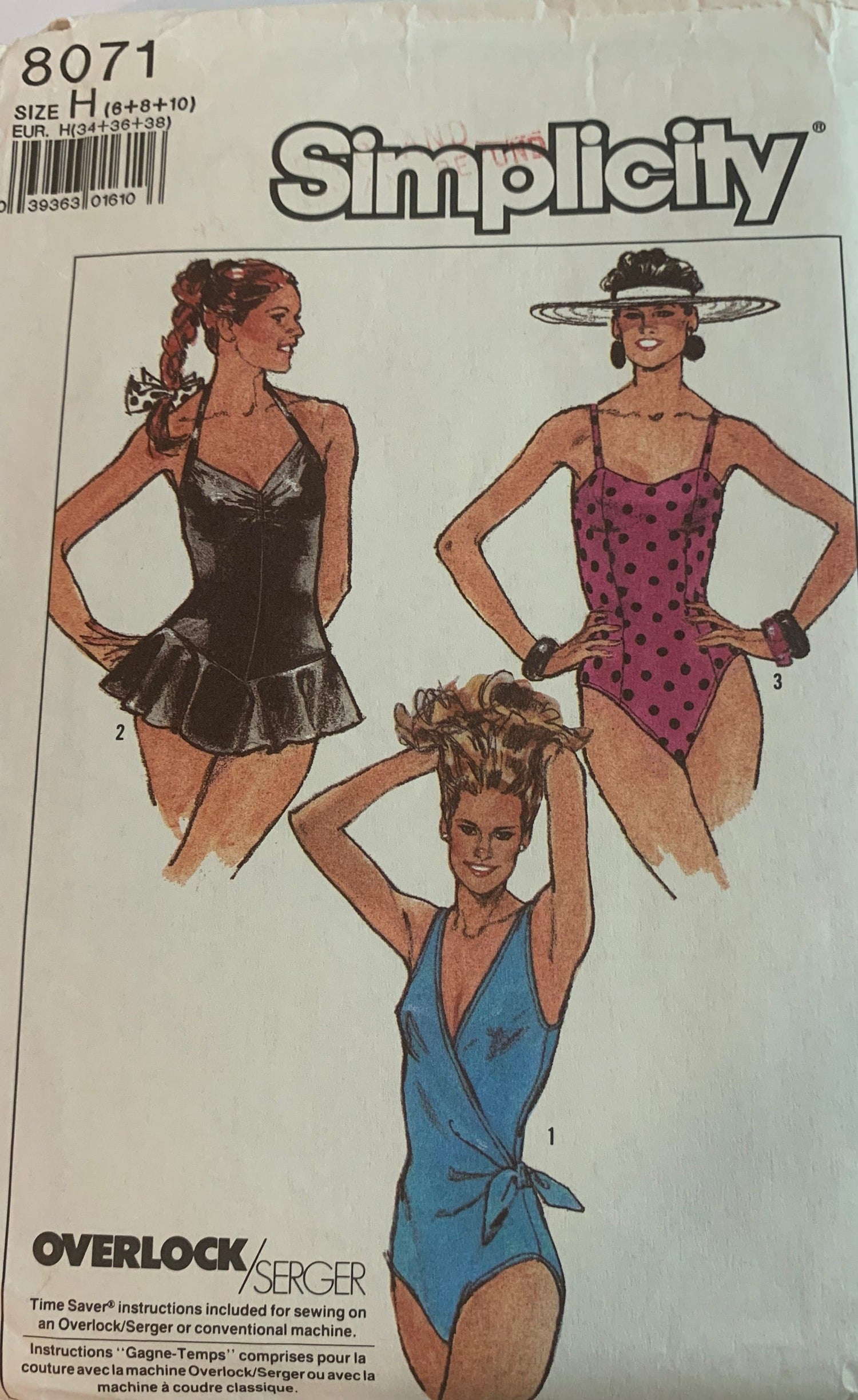 Simplicity Sewing Pattern 8071 Misses' Bathing Suits, Swimwear, Sleeveless, Shoulder Straps, One Piece, 3 Variations Princess Seams, Ruffles, Size 6-10, Uncut, Vintage 1986