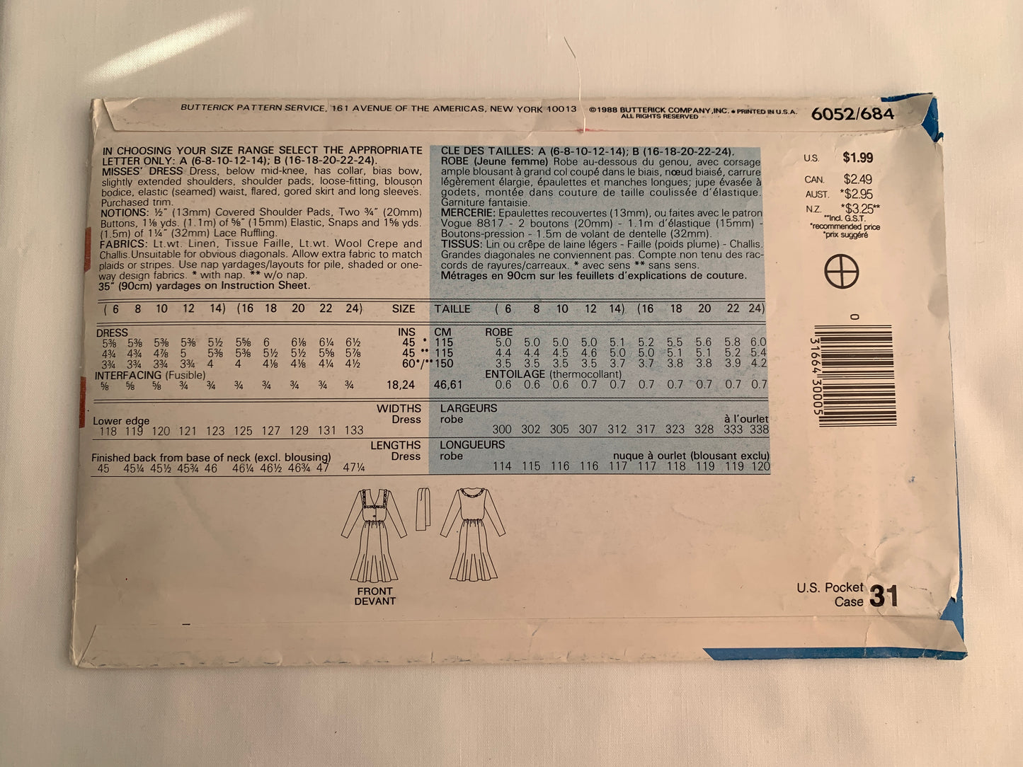 Butterick See & Sew Sewing Pattern 6052 Misses' Dress, Long Sleeves, Flared Skirt, Loose-Fitting, Shoulder Pads, Zipper Back, Size 6-14, Uncut, Vintage 1988