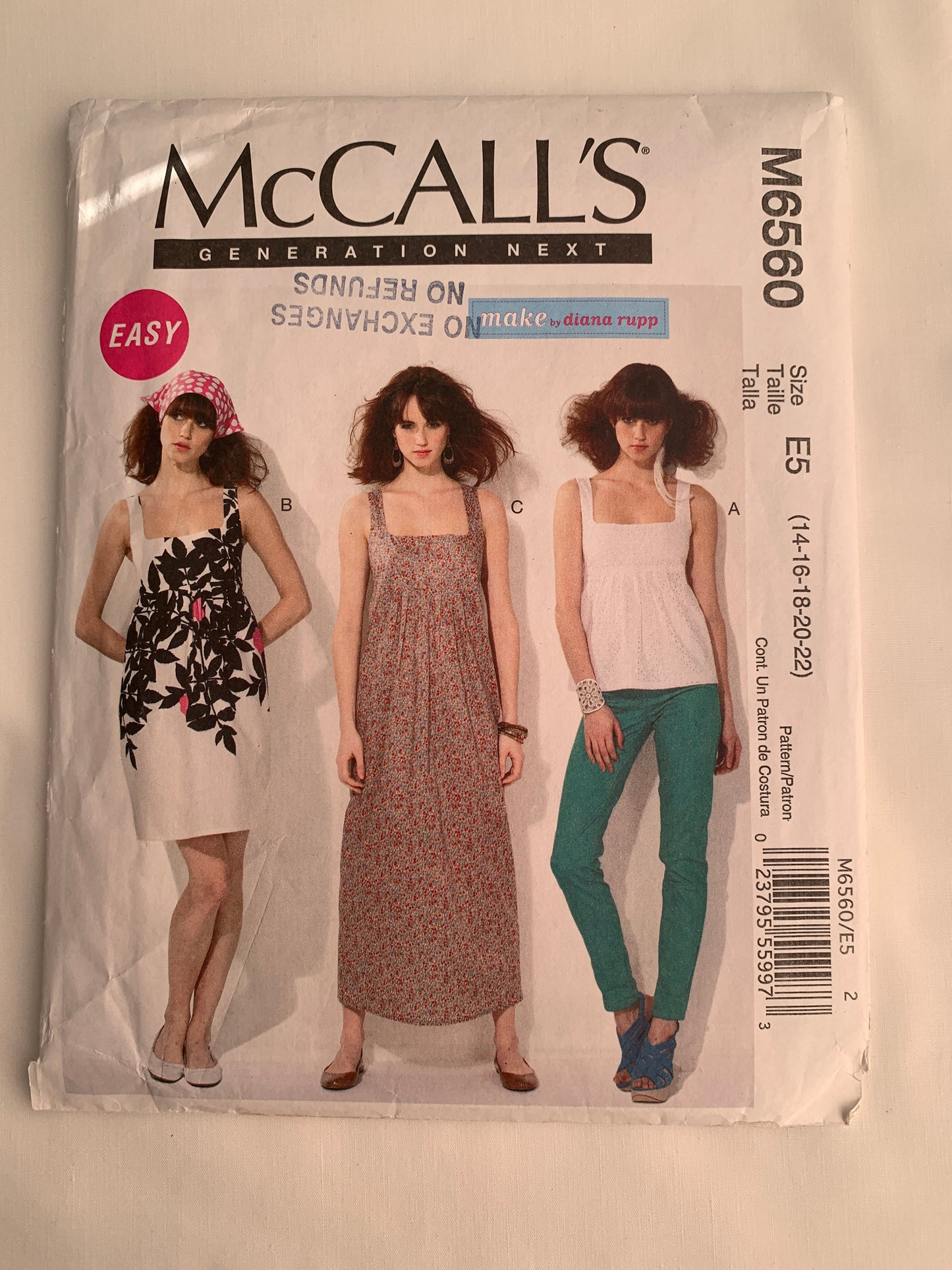 McCall's Sewing Pattern M6560 Misses' Top, Dresses, 3 Variations, Sleeveless, Three Lengths, Shoulder Straps, Close-Fitting, Size 14-22, Uncut, 2012