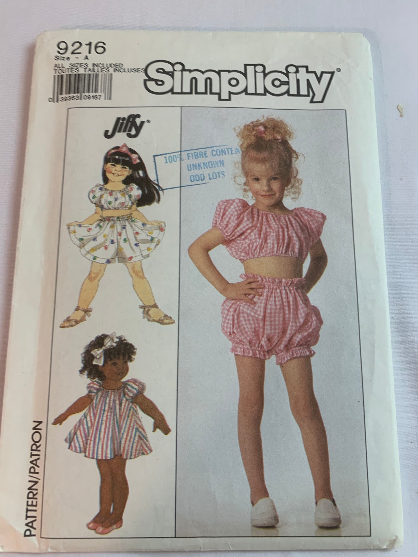 Simplicity Sewing Pattern 9216 Girls' Dress, Top, Shorts, Short Raglan Sleeves, Elastic Waist, Pullover, Middy, Pull-On, Size 3-6, Uncut, Vintage 1989