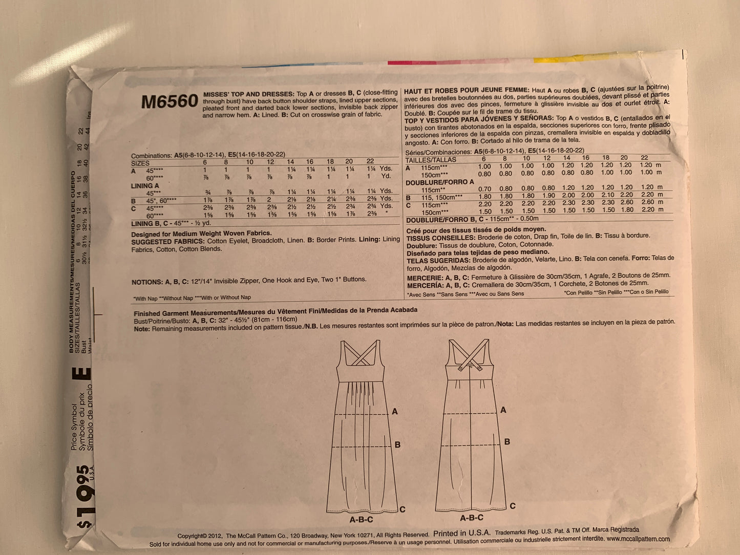 McCall's Sewing Pattern M6560 Misses' Top, Dresses, 3 Variations, Sleeveless, Three Lengths, Shoulder Straps, Close-Fitting, Size 14-22, Uncut, 2012