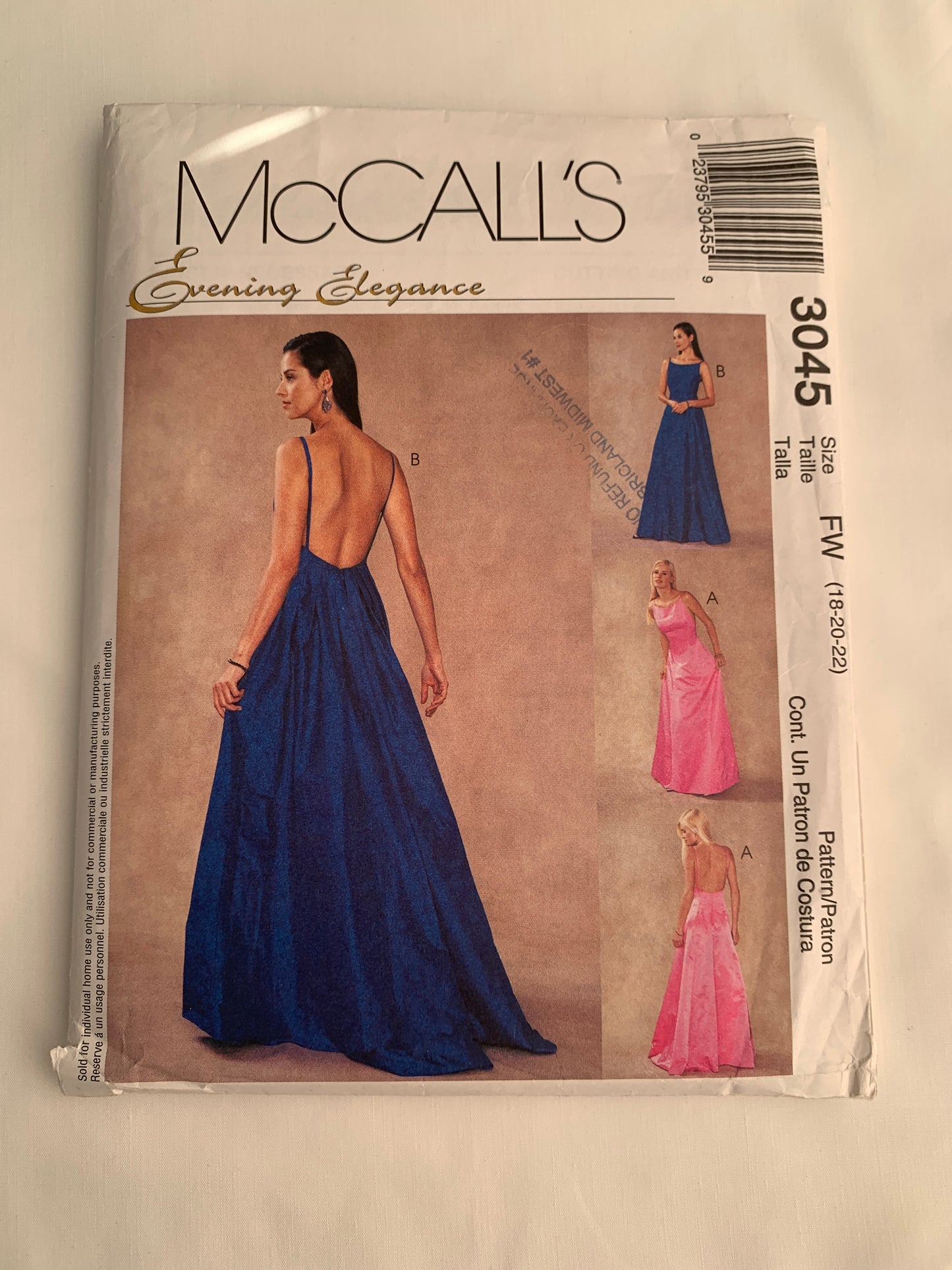 McCall's Sewing Pattern 3045 Misses' Lined Dress, Gown, Princess Seams, Floor Length, Zipper, Sleeveless, Zipper Back, Size 18-22, Uncut, 2000