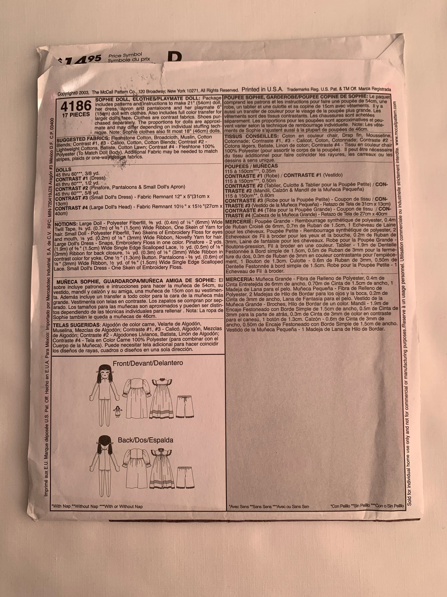 McCall's Sewing Pattern 4186 Sophie 21" Doll Clothes, Playmate Doll, Dress, Pants, Apron, Pinafore, Uncut, 2003