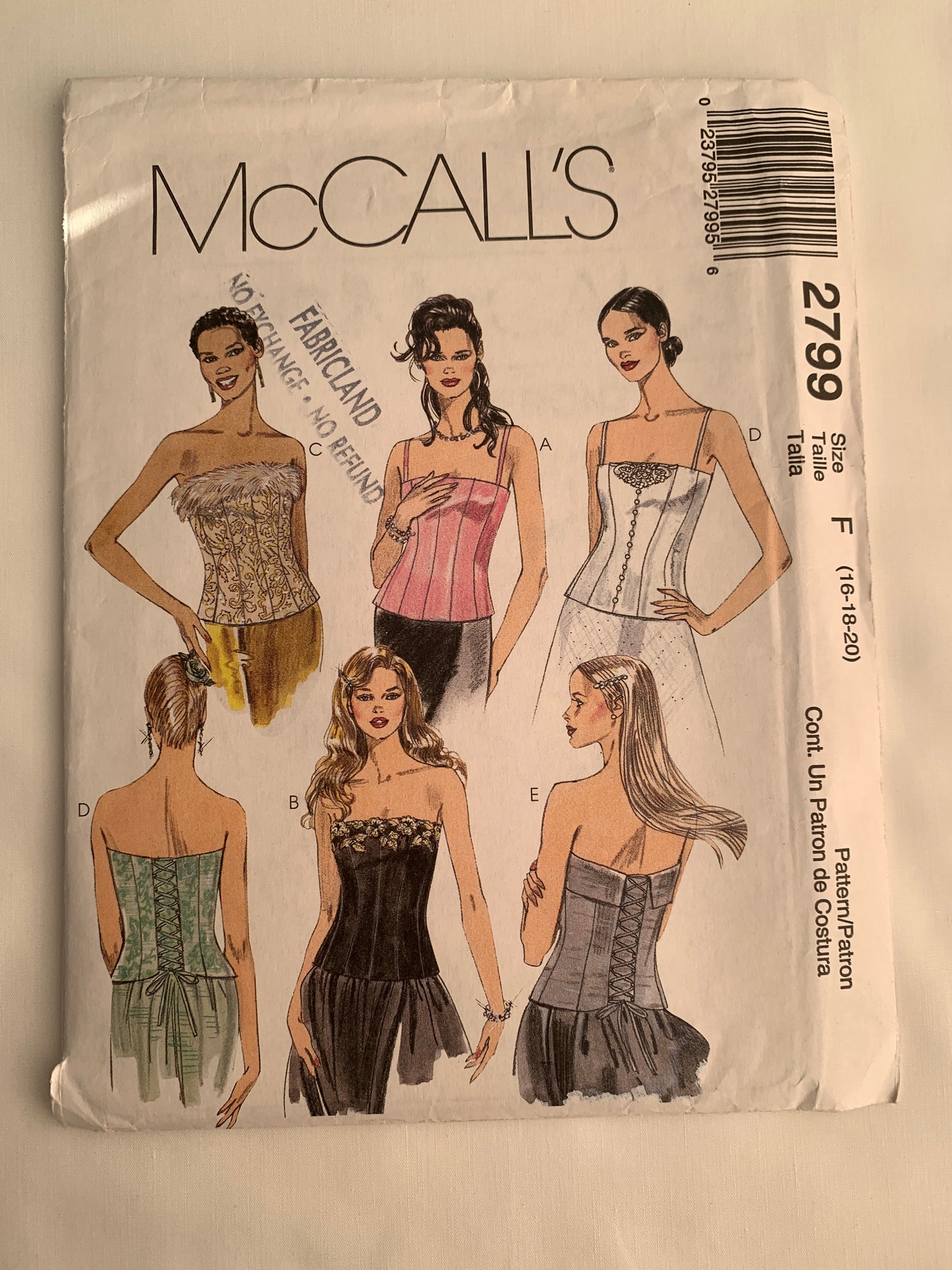 Mccall's Sewing Pattern 2799 Misses' Lined Bustier, Fitted, Princess Seams, Shoulder Straps, Zipper Back, Size 16-20, Uncut, 2000