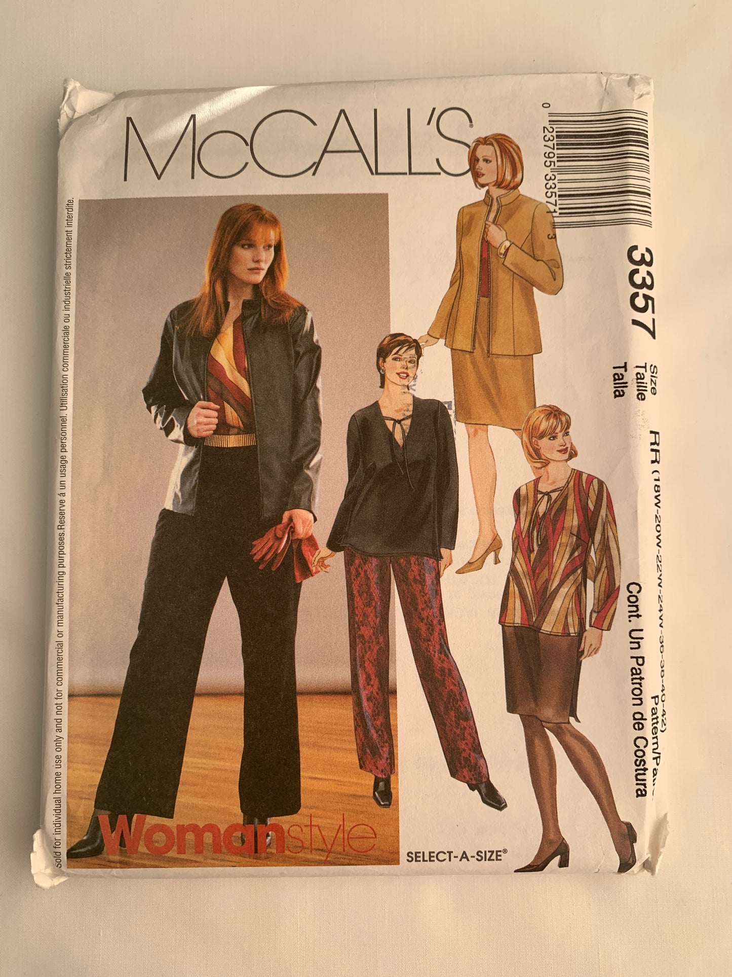 McCall's Sewing Pattern 3357 Misses' Lined Jacket, Top, Skirt and Pants, Princess Seams, Zipper Front, Size 18W-24W, Uncut, 2001