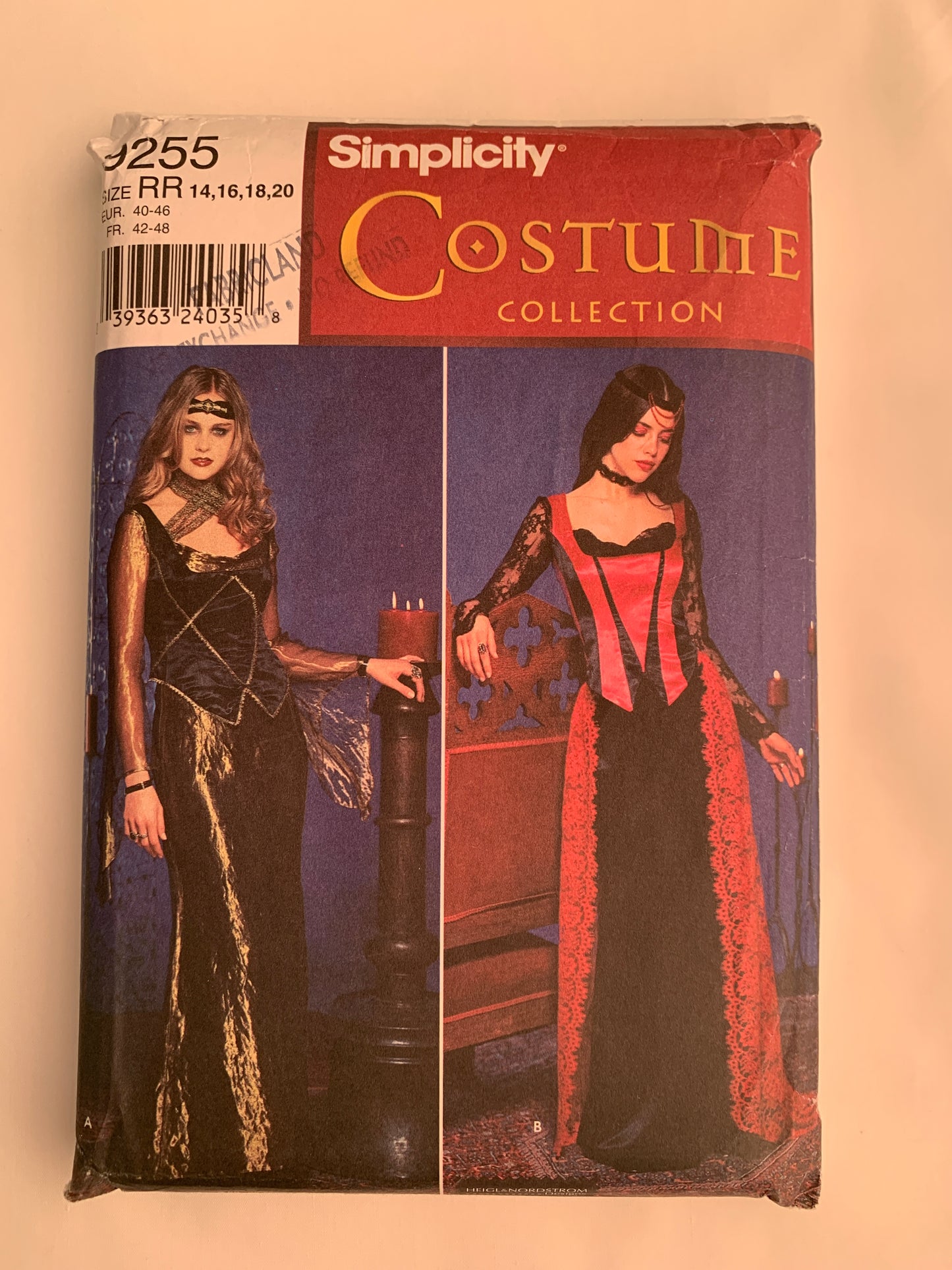 Simplicity Sewing Pattern 9255 Adult, Misses' Costumes, Halloween, Gothic, Top, Skirt, Long Sleeves, Headpiece, Size 14-20, Cut, 2000