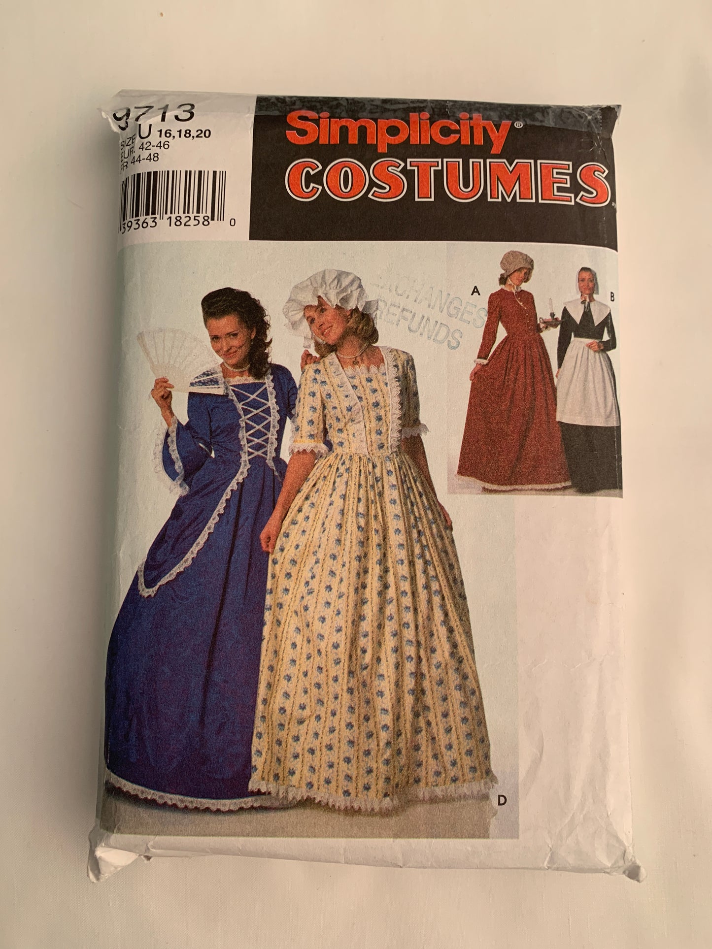 Simplicity Sewing Pattern 9713 Misses'/Miss Petite Costume, Puritan, Centennial, 18th/19th Century Dress, Size 16-20, Cut, Vintage 1998