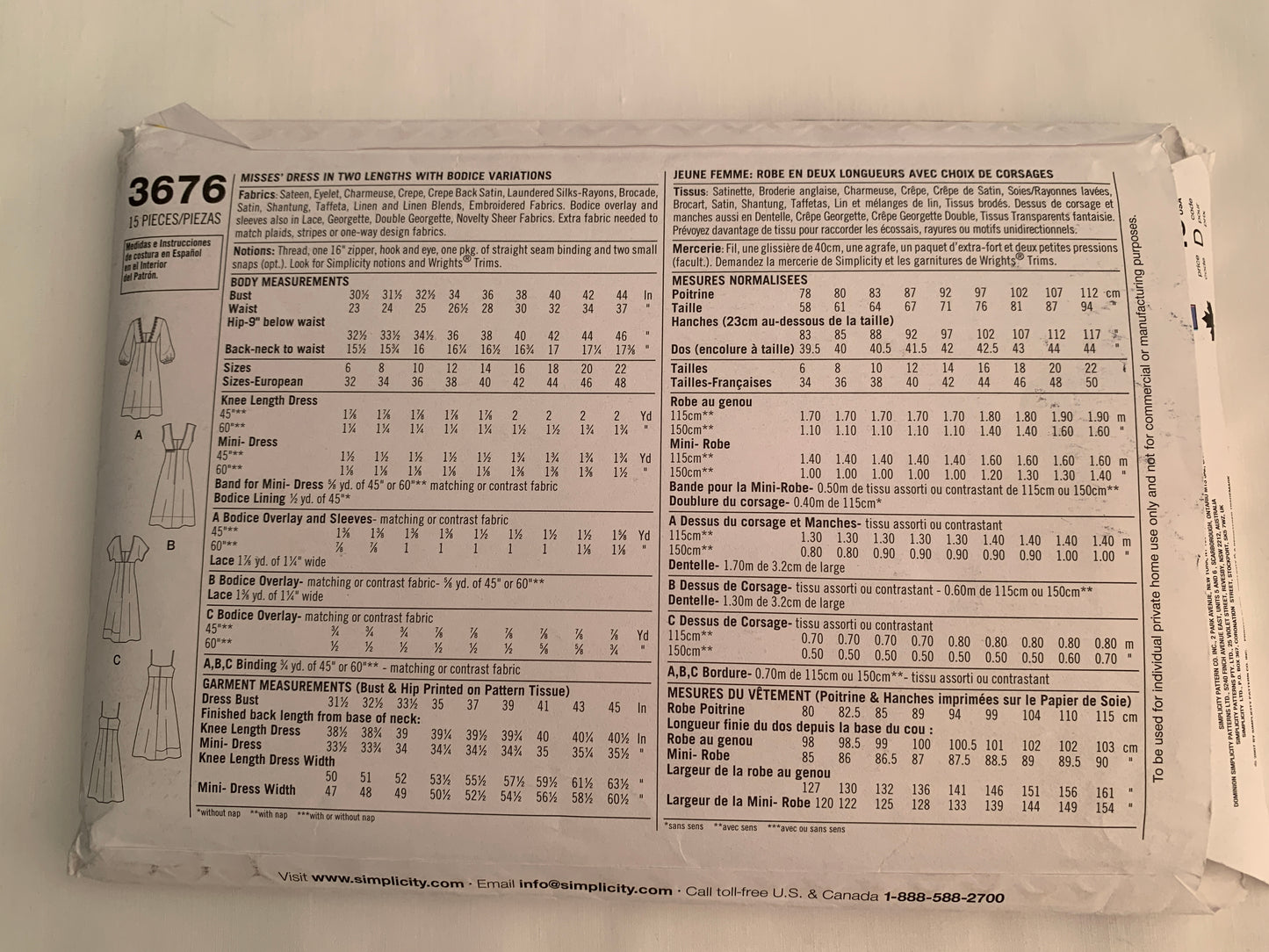 Simplicity Sewing Pattern 3676 Misses' Dress, Zipper Back, Two Lengths, Long/Short Sleeves, Sleeveless, Size 14-22, Cut, 2007