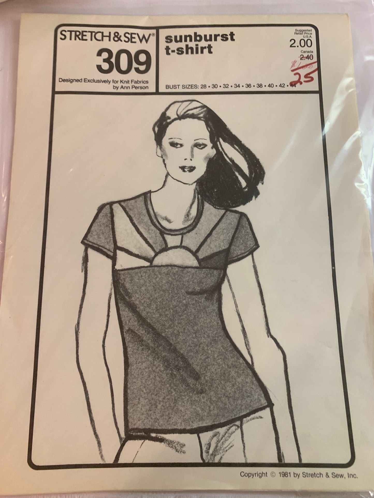 Stretch & Sew Sewing Pattern 309 Misses' T-Shirt, Sunburst, Short Sleeves, Pullover, Size Bust 28-44, Uncut, Vintage 1981