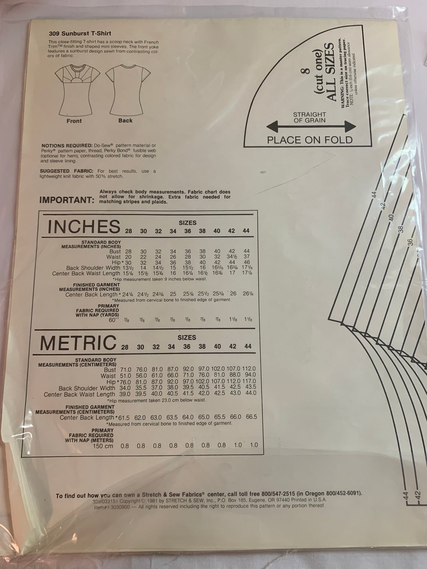 Stretch & Sew Sewing Pattern 309 Misses' T-Shirt, Sunburst, Short Sleeves, Pullover, Size Bust 28-44, Uncut, Vintage 1981