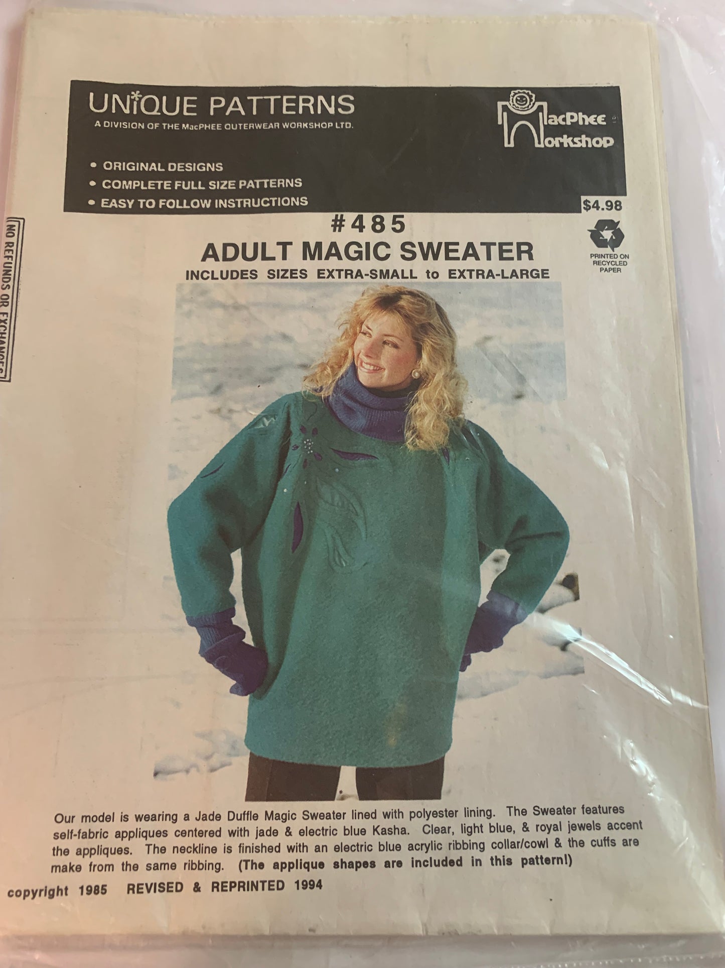 Unique Sewing Patterns Adult Sweater, Jade, Lined, Long Sleeves, Cowl Collar, Size 32-46, Uncut, Vintage 1985
