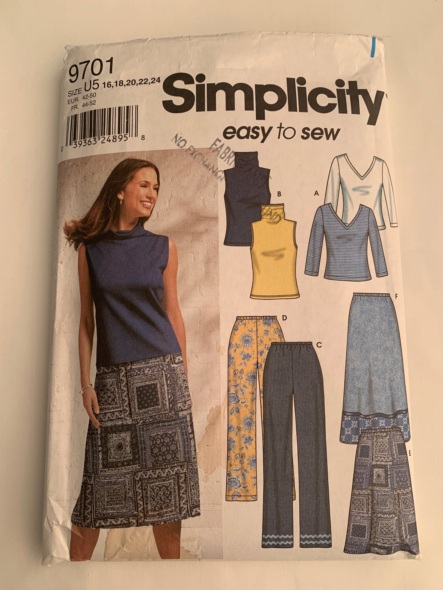 Simplicity Sewing Pattern 9701 Misses' Knit Tops, Pants, Skirt, Two Lengths, Long Sleeves, Sleeveless, Elastic Waist, Size 16-24, Cut, 2001
