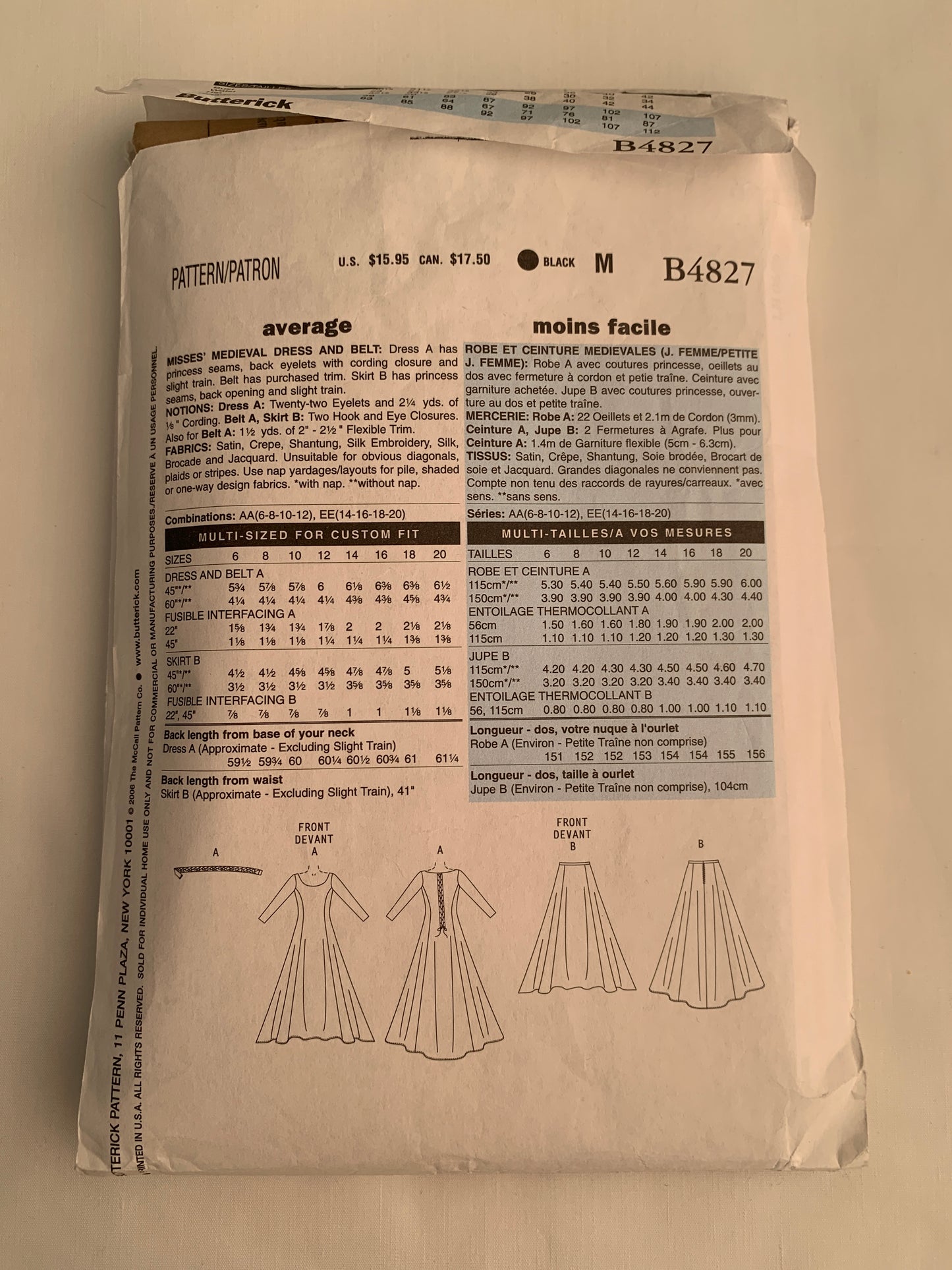 Butterick Sewing Pattern B4827 Misses' Costumes, Halloween, Dress, Renaissance, Medieval, Victorian Zipper Back, Floor Length, Size 14-20, Cut, 2006