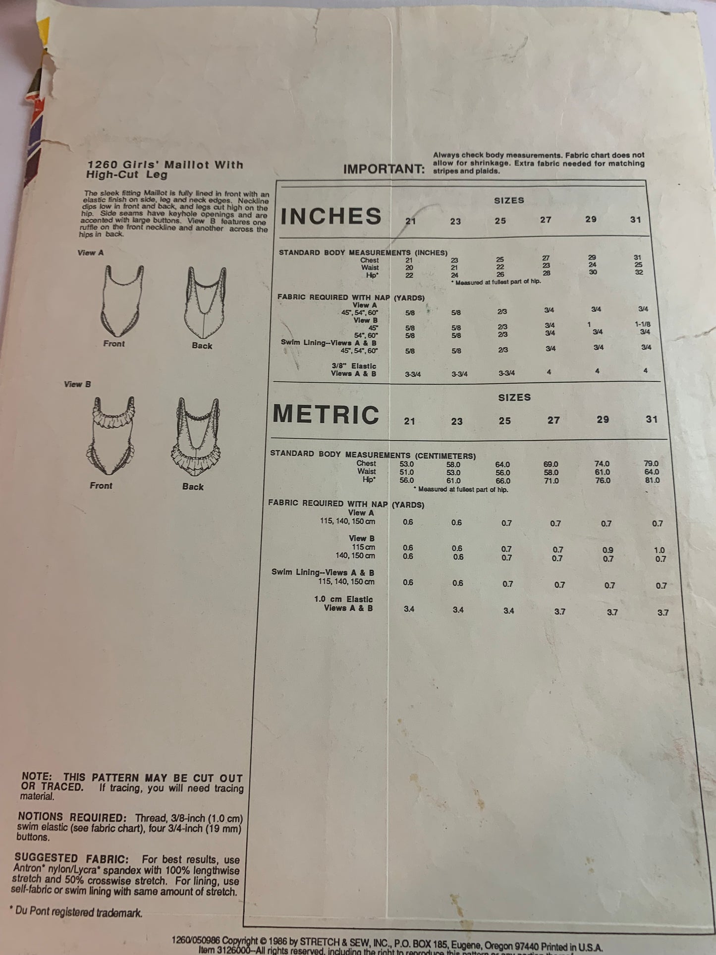 Stretch & Sew Sewing Pattern 1260 Girls' Bathing Suit, Swimwear, High Cut Leg, 2 Variations, Size Chest 21-31, Uncut, Vintage 1986