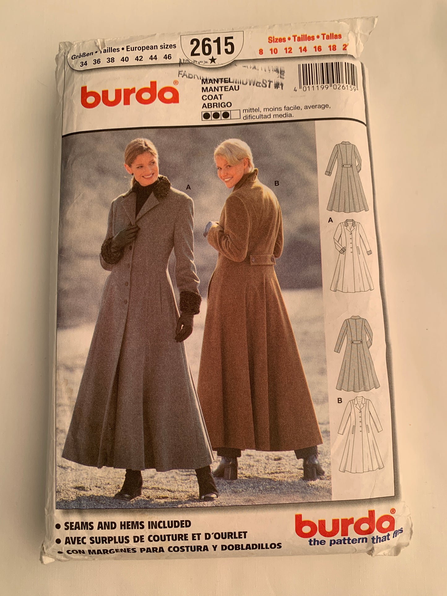Burda Sewing Pattern 2615 Misses' Coat, Jacket, Long Sleeves, Button Front, Collar, Pockets, Size 8-20, Cut, 2000