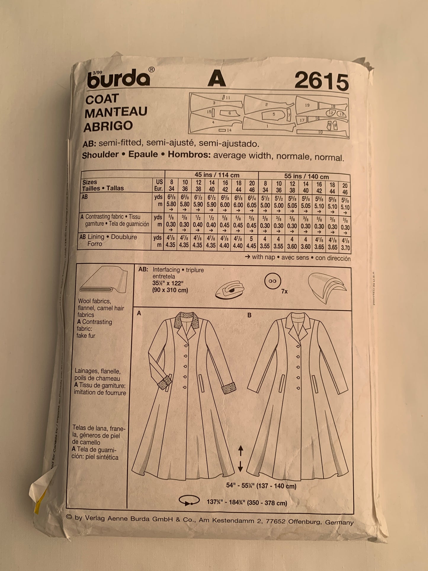 Burda Sewing Pattern 2615 Misses' Coat, Jacket, Long Sleeves, Button Front, Collar, Pockets, Size 8-20, Cut, 2000