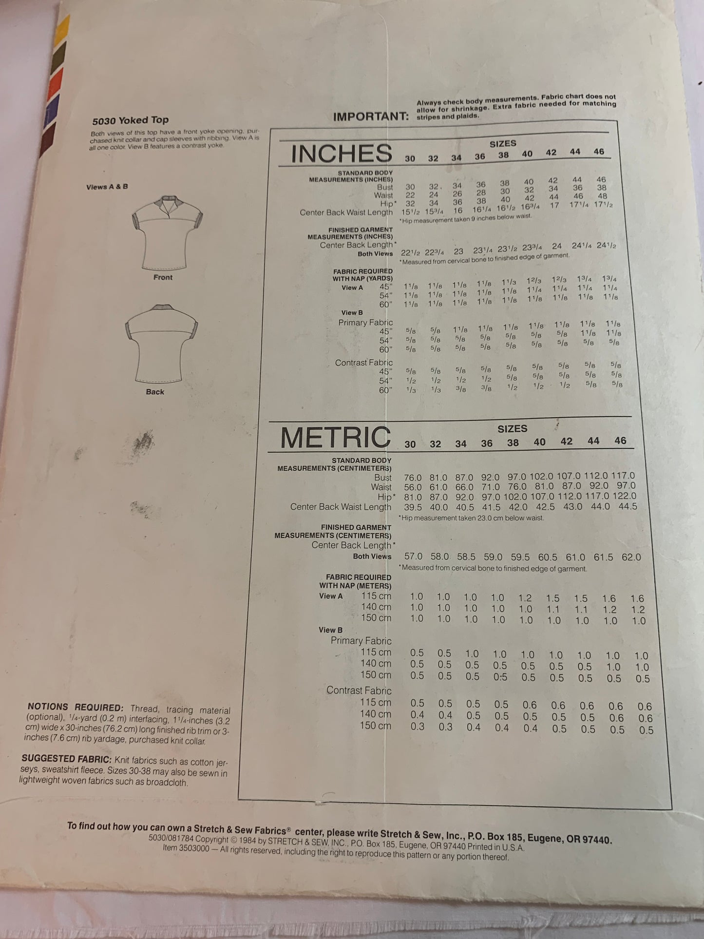 Stretch & Sew Sewing Pattern 5030 Misses' Yoked Top, Cap Sleeves, Pullover, 2 Variations, Size Bust 30-46, Uncut, Vintage 1984