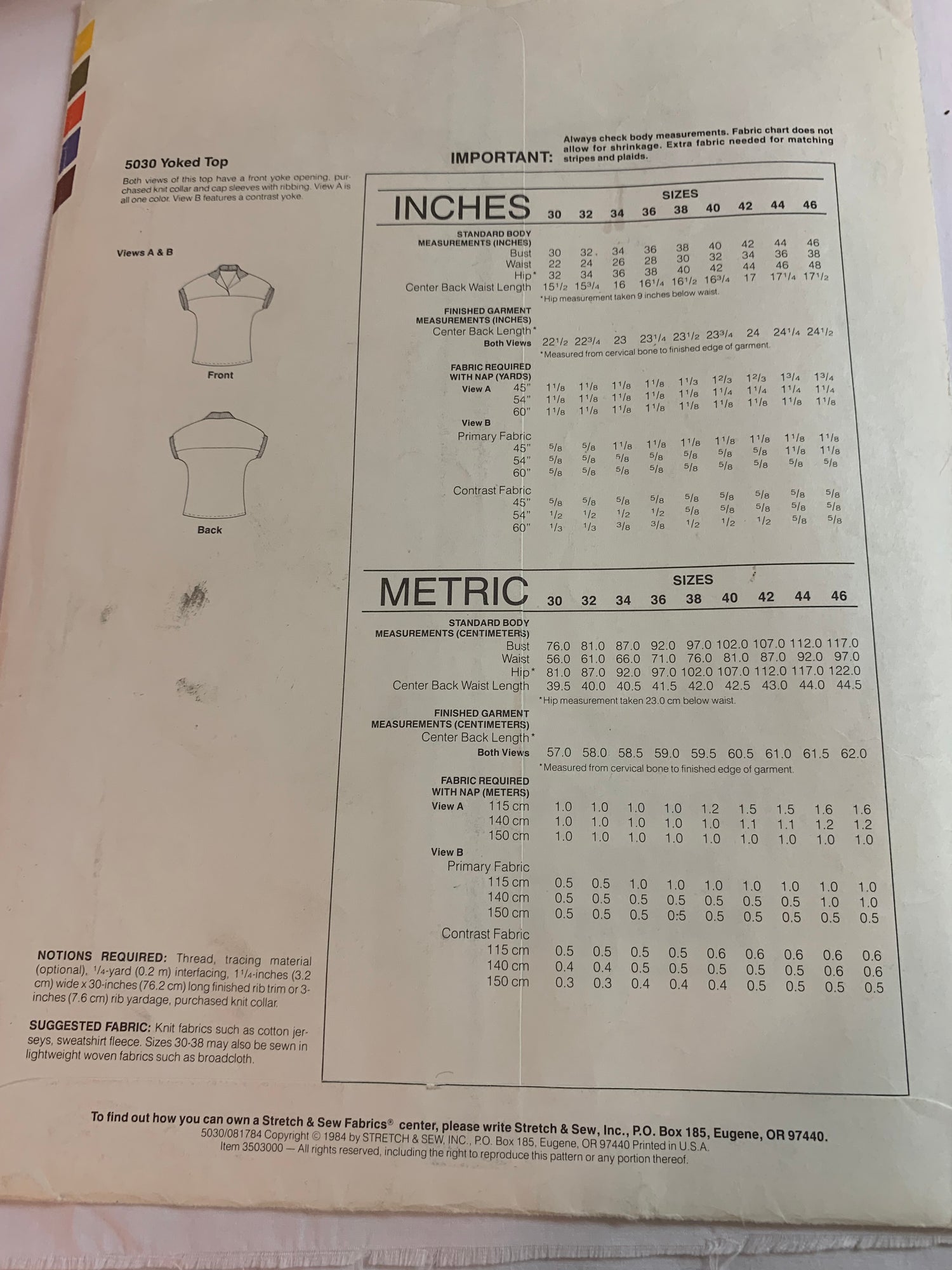 Stretch & Sew Sewing Pattern 5030 Misses' Yoked Top, Cap Sleeves, Pullover, 2 Variations, Size Bust 30-46, Uncut, Vintage 1984
