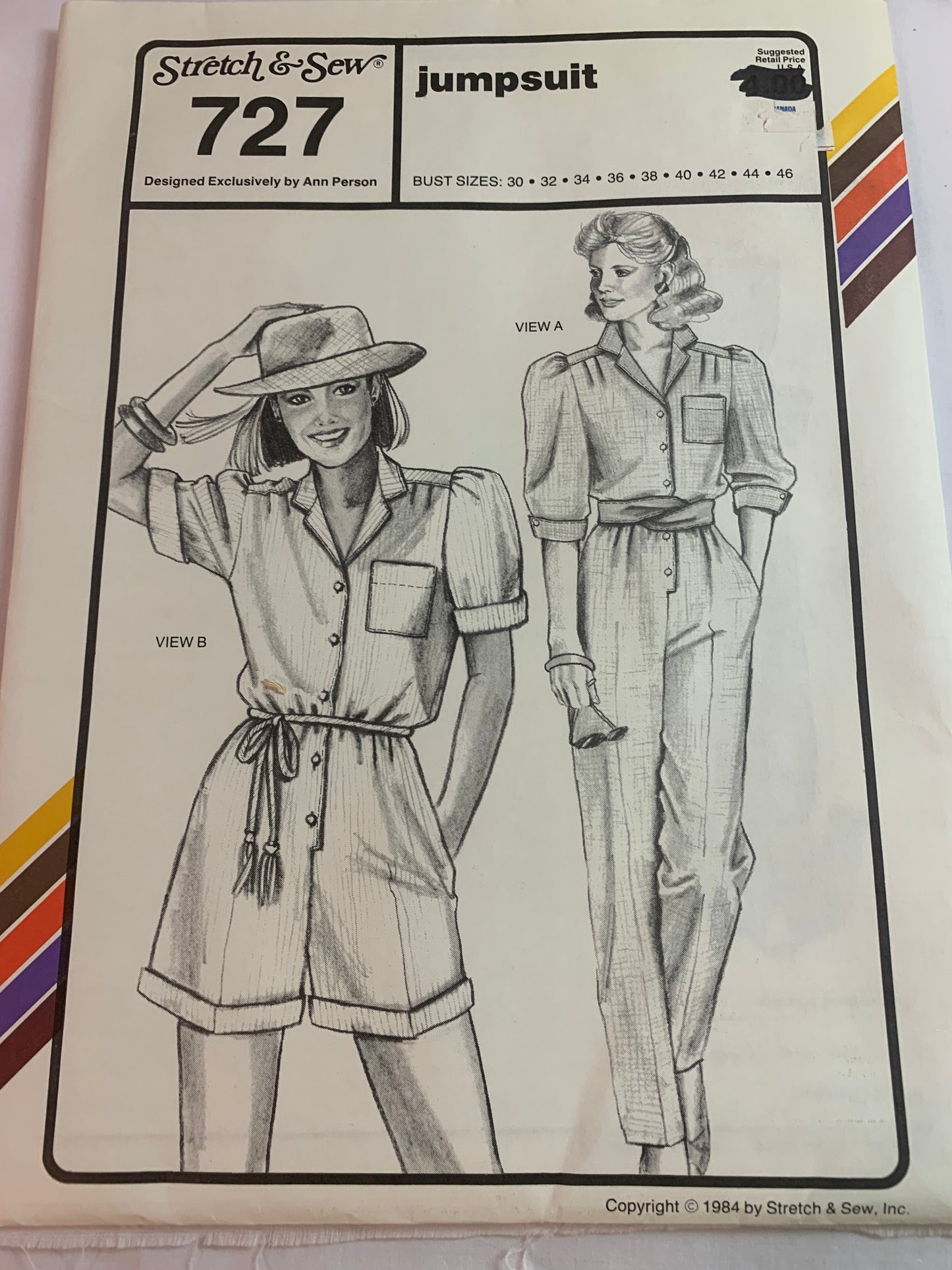 Stretch & Sew Sewing Pattern 727 Misses' Jumpsuit, Pockets, 2 Lengths, Button Front, Long/Short Sleeves, Size Bust 30-46, Uncut, Vintage 1985