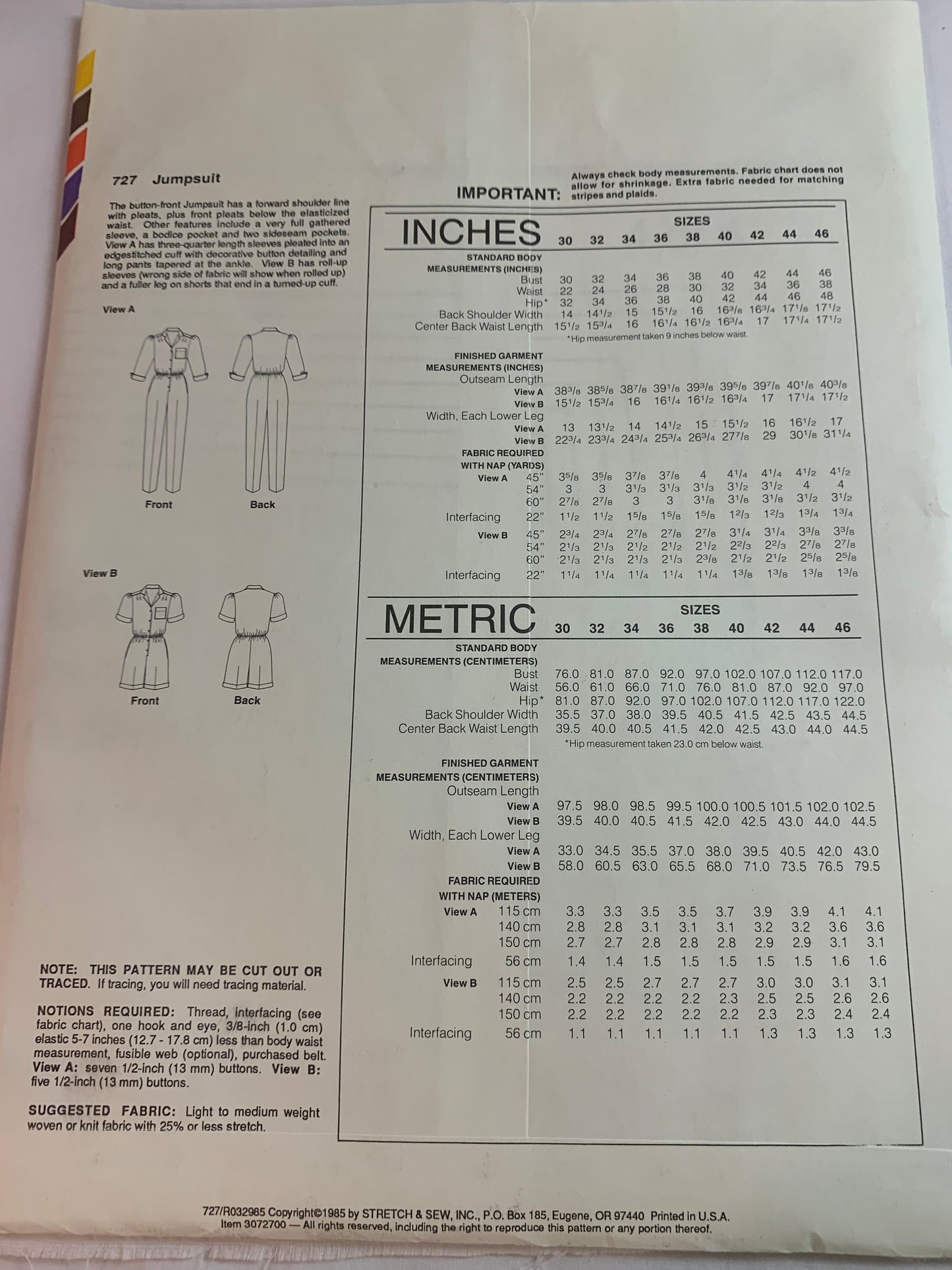 Stretch & Sew Sewing Pattern 727 Misses' Jumpsuit, Pockets, 2 Lengths, Button Front, Long/Short Sleeves, Size Bust 30-46, Uncut, Vintage 1985