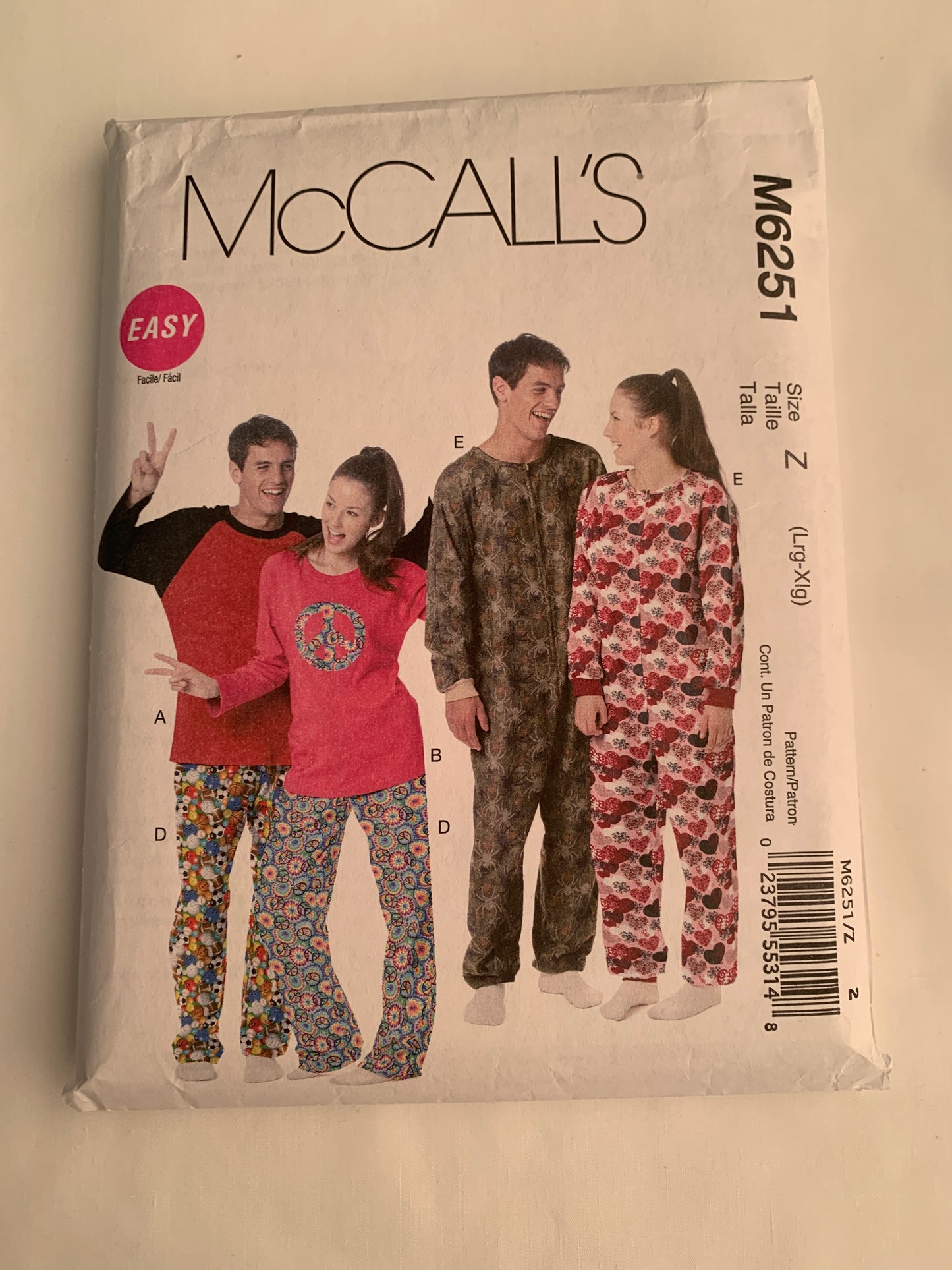 McCall's Sewing Pattern M5251 Misses'/Men's/Teens' Sleepwear, Pajamas, Top, Pants, Jumpsuit, Zipper Front, Long Sleeves, Size 38-44, Cut, 2010