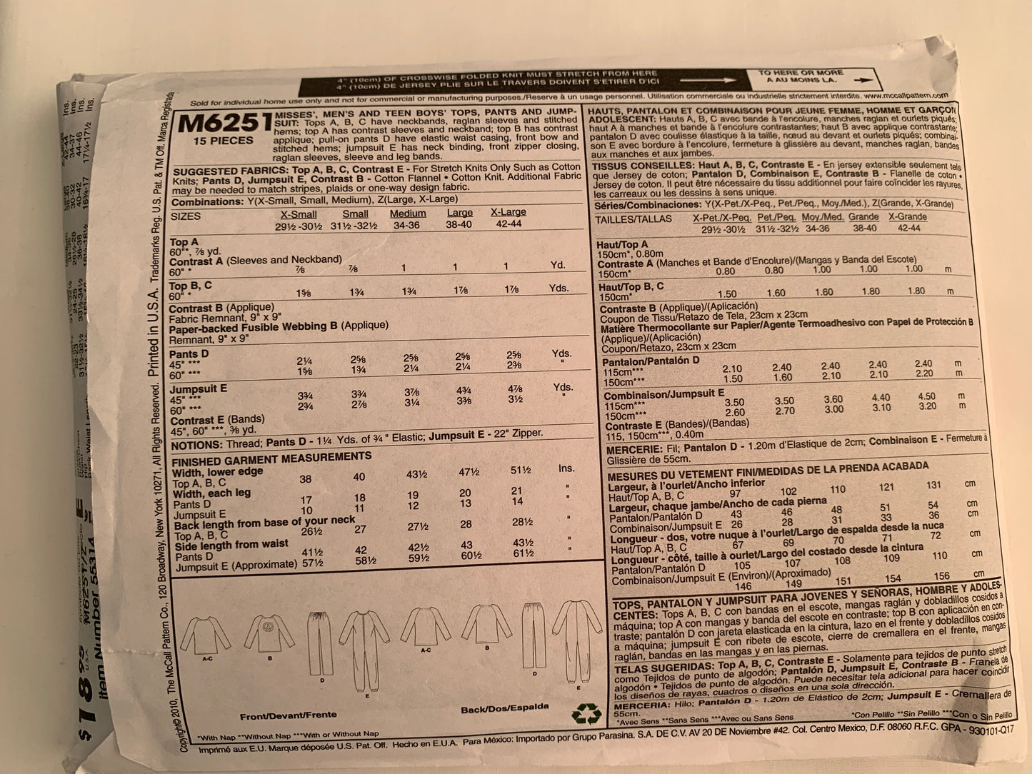 McCall's Sewing Pattern M5251 Misses'/Men's/Teens' Sleepwear, Pajamas, Top, Pants, Jumpsuit, Zipper Front, Long Sleeves, Size 38-44, Cut, 2010