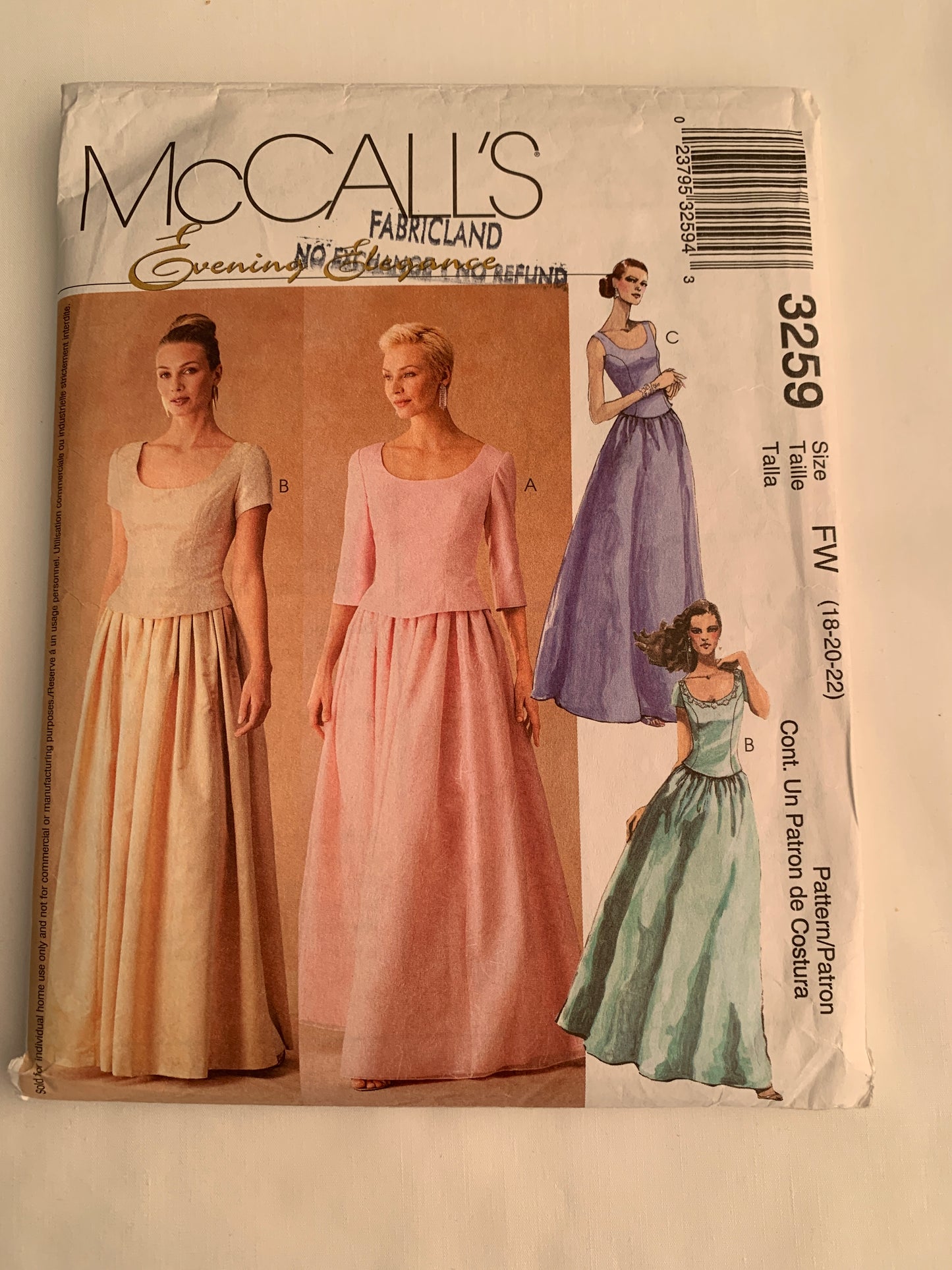 McCall's Sewing Pattern 3259 Misses'/Miss Petite, Lined Tops, Skirt, Zipper Back, Floor Length, Evening Gown, Long/Short Sleeves, Size 18-22, Cut, 2001