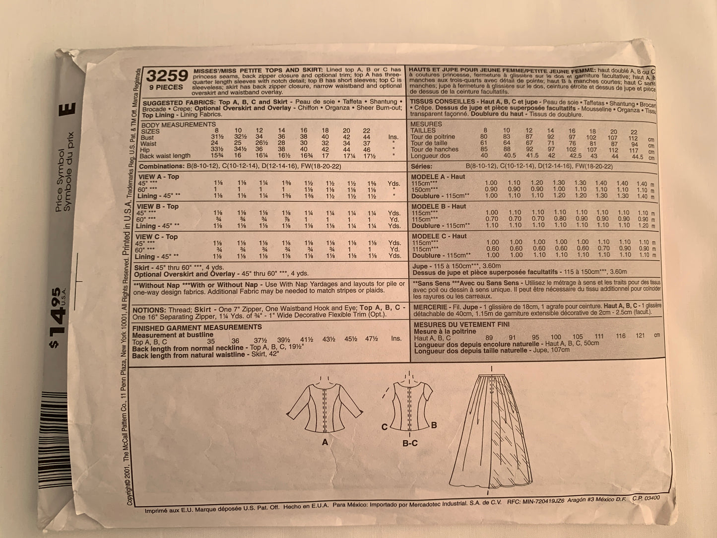 McCall's Sewing Pattern 3259 Misses'/Miss Petite, Lined Tops, Skirt, Zipper Back, Floor Length, Evening Gown, Long/Short Sleeves, Size 18-22, Cut, 2001