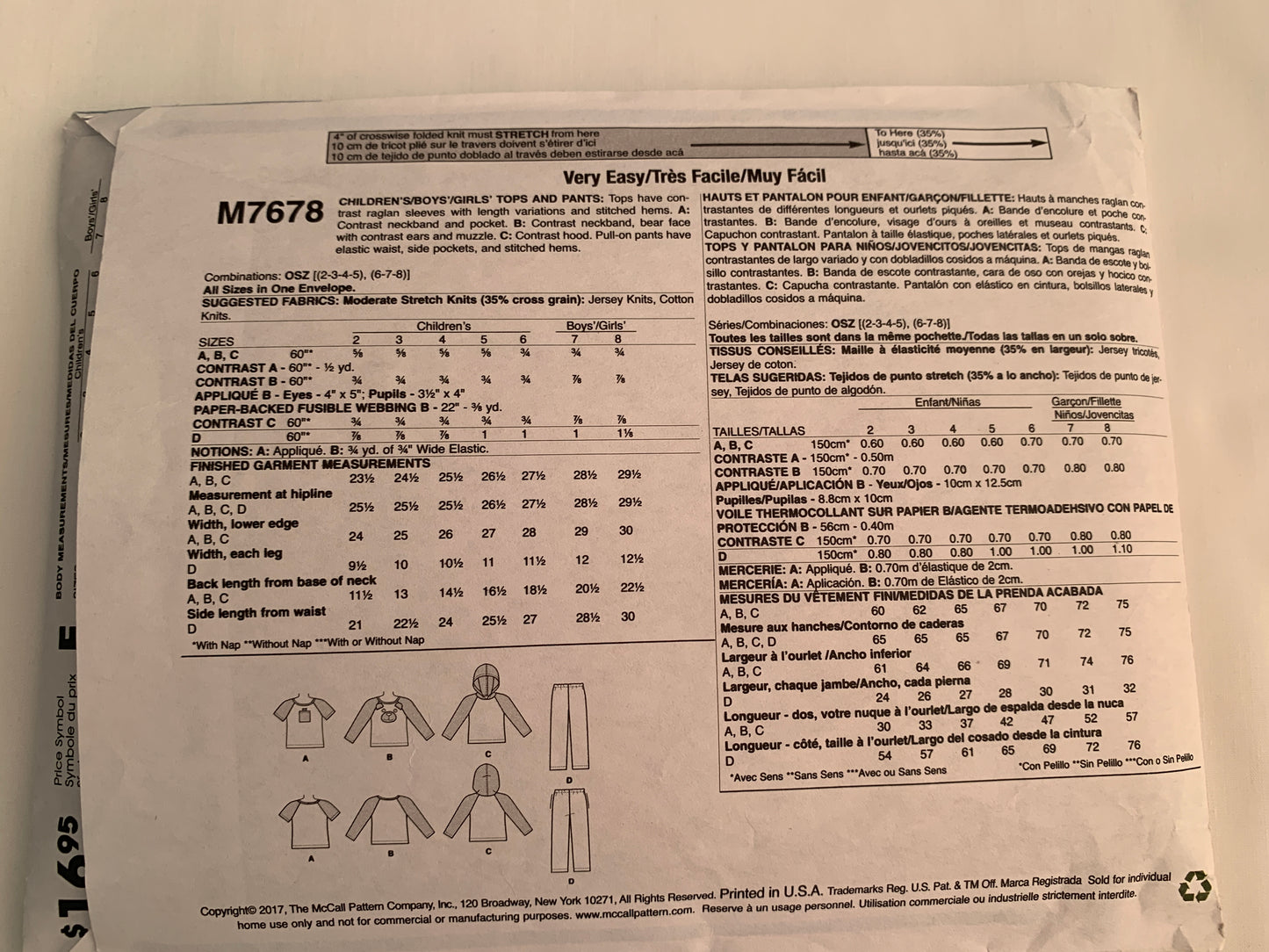 McCalls Sewing Pattern M76789 Boys'/Girls' Sleepwear, Pajamas, Top, Pants, Hood, Pullover, Pull-On, Size 2-5, Cut, 2017