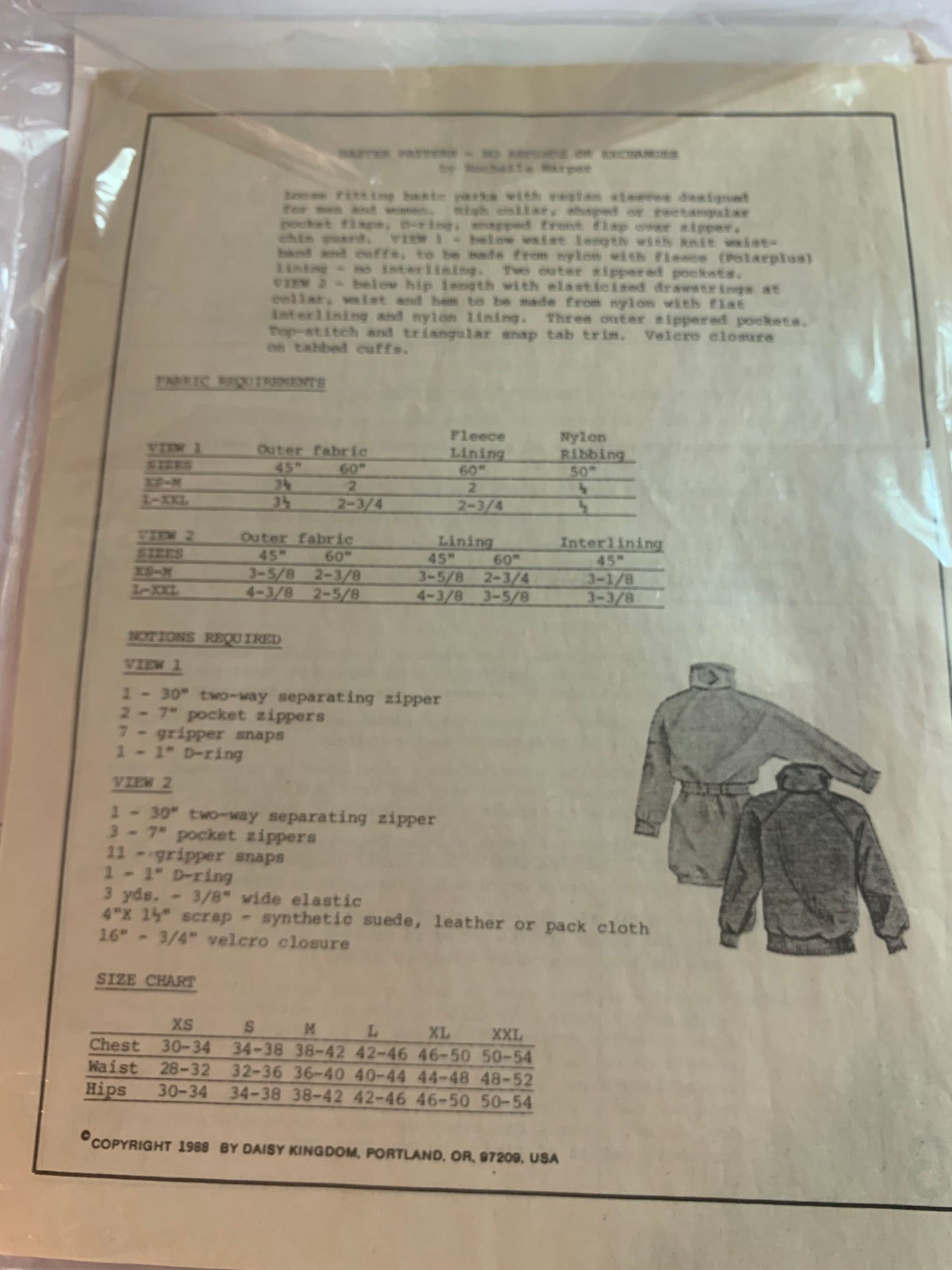DK Sports Sewing Patterns 79 Adult Timberline Parka, Snap Front, Elastic Waist, Pockets, Zipper Front, Two Lengths, Unisex, Size XS-L4, Uncut, Vintage 1988