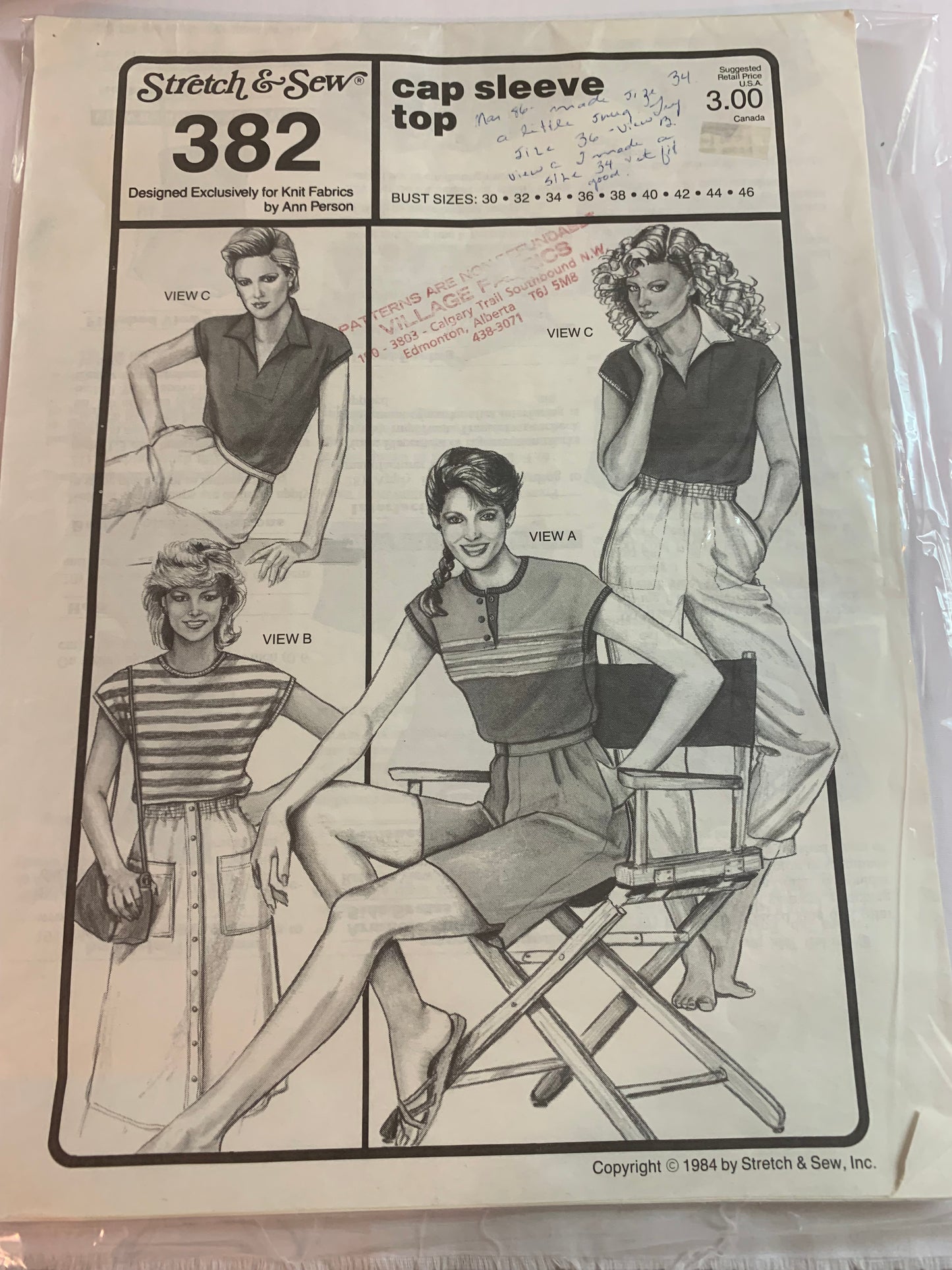 Stretch & Sew Sewing Pattern 382 Misses' Top, Cap Sleeves, Pullover, 3 Variations, Size Bust 30-46, Uncut, Vintage 1984