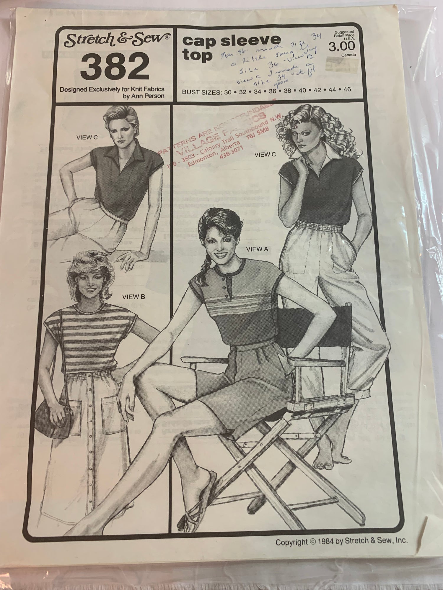 Stretch & Sew Sewing Pattern 382 Misses' Top, Cap Sleeves, Pullover, 3 Variations, Size Bust 30-46, Uncut, Vintage 1984