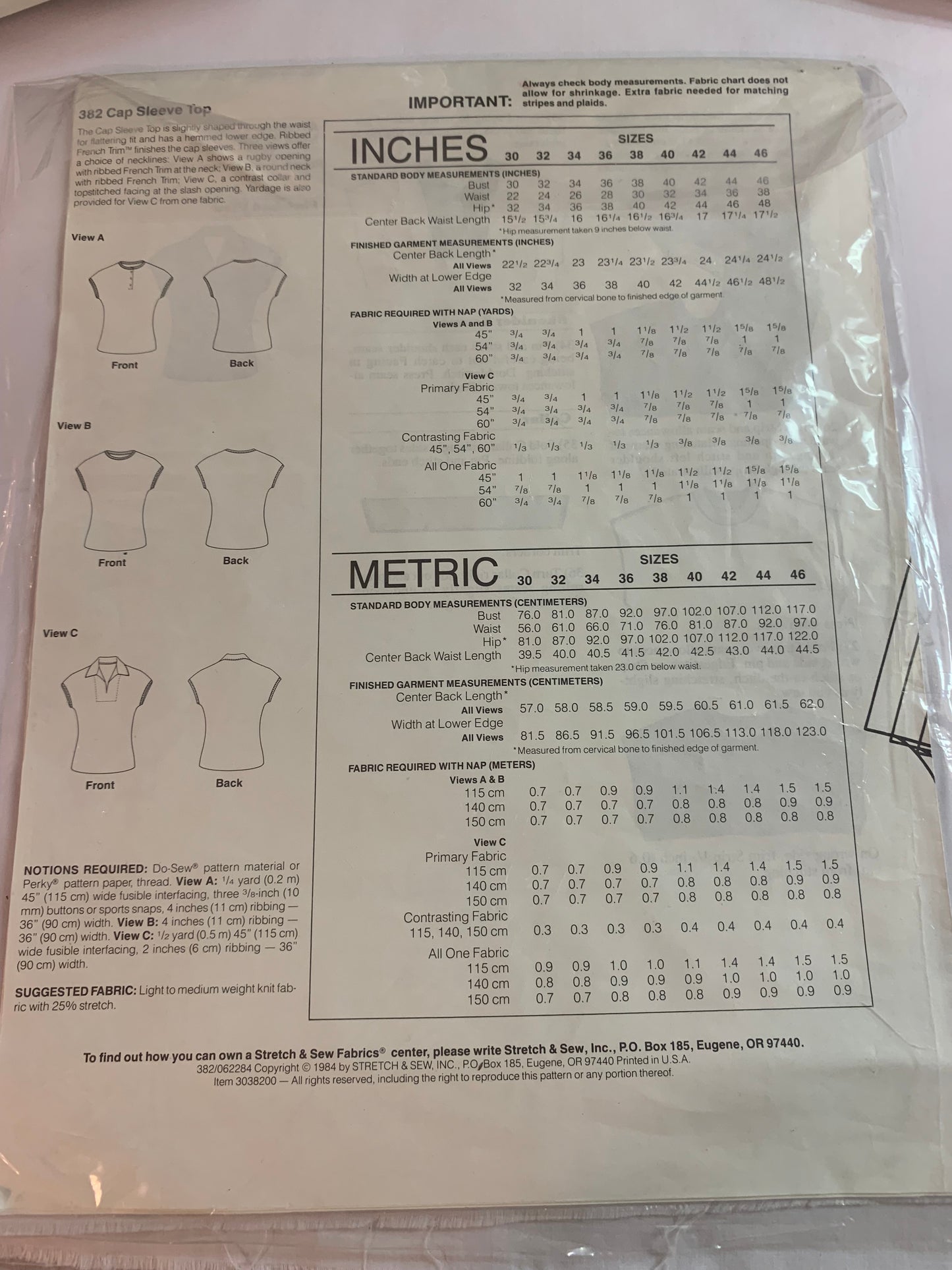 Stretch & Sew Sewing Pattern 382 Misses' Top, Cap Sleeves, Pullover, 3 Variations, Size Bust 30-46, Uncut, Vintage 1984