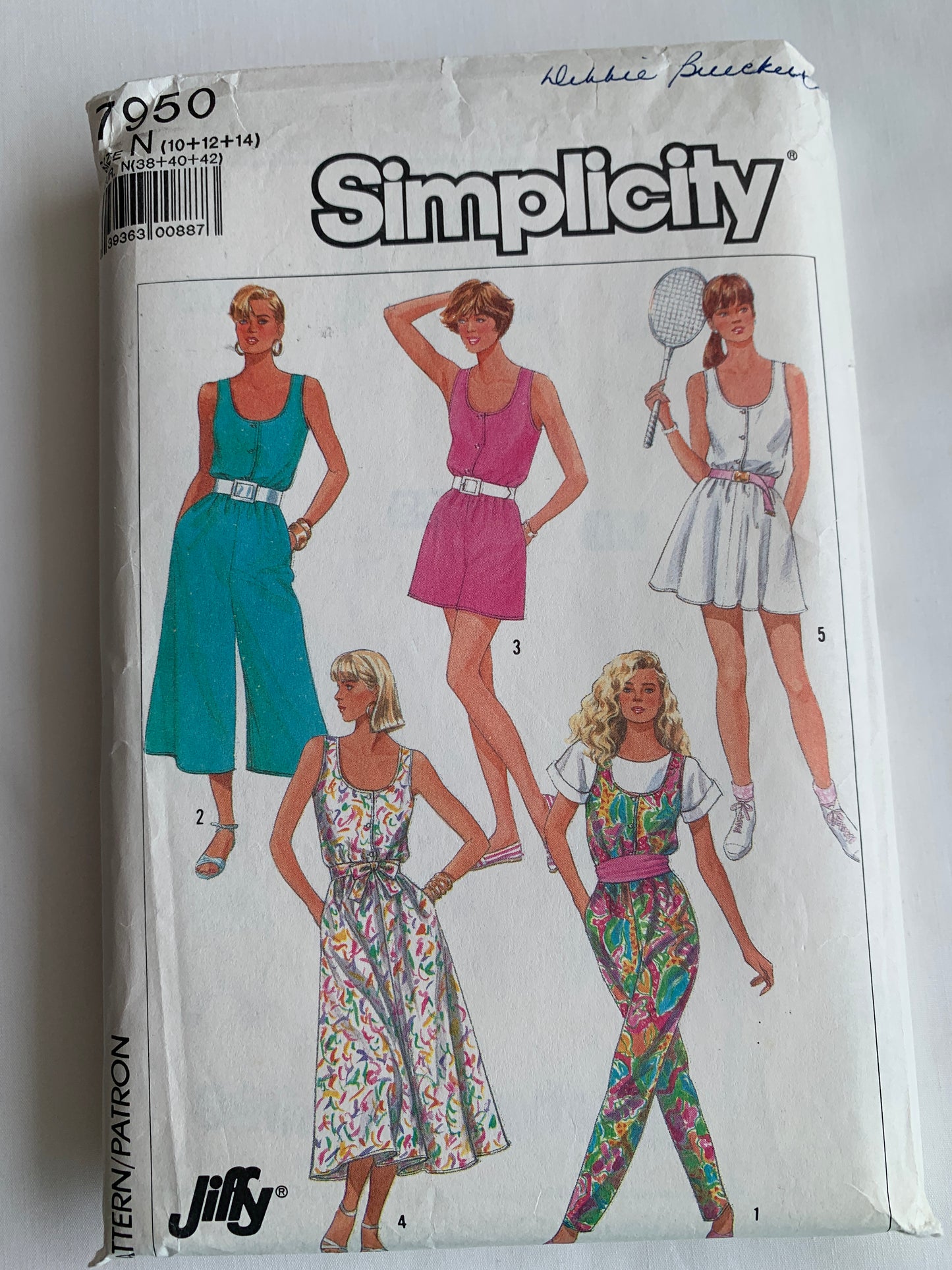 Simplicity Sewing Pattern 7950 Misses'/Miss Petite Dresses, Jumpsuit, Two Lengths, Sleeveless, Button Front, Tie Belt, Size 10, Cut, Vintage 1987