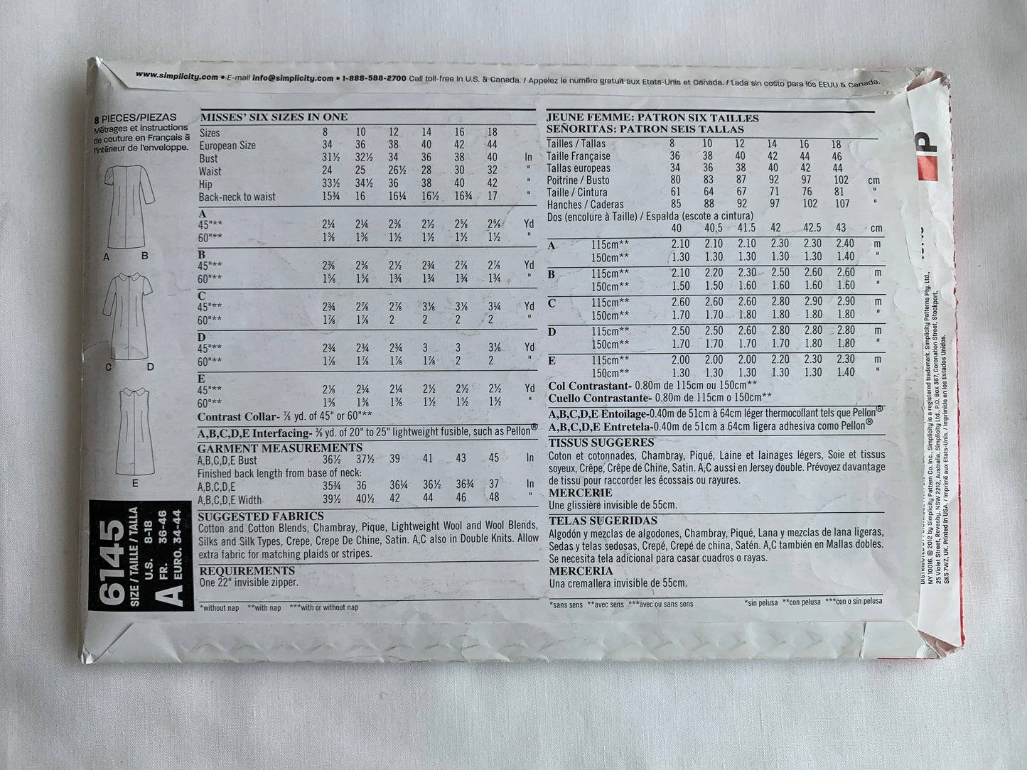 Simplicity New Look Sewing Pattern 6145 Misses' Dress, 5 Variations, Straight, Long/Short Sleeves, Sleeveless, Zipper Back, Size 8-12, Cut, 2012