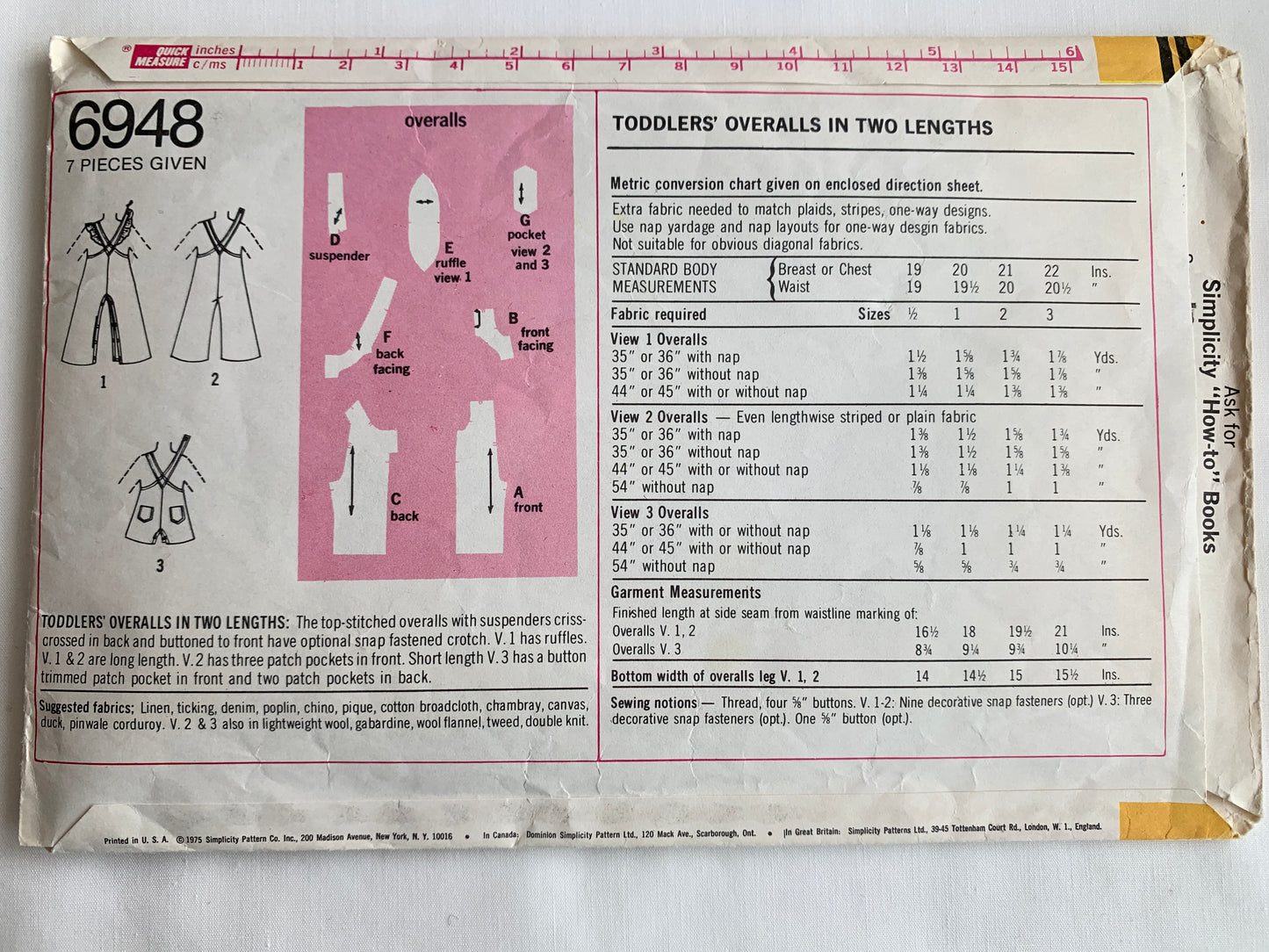 Simplicity Sewing Pattern 6948 Toddlers' Overalls, Two Lengths, Shoulder Straps, Snap Crotch, Pockets, Size 1/2, Cut, Vintage 1975