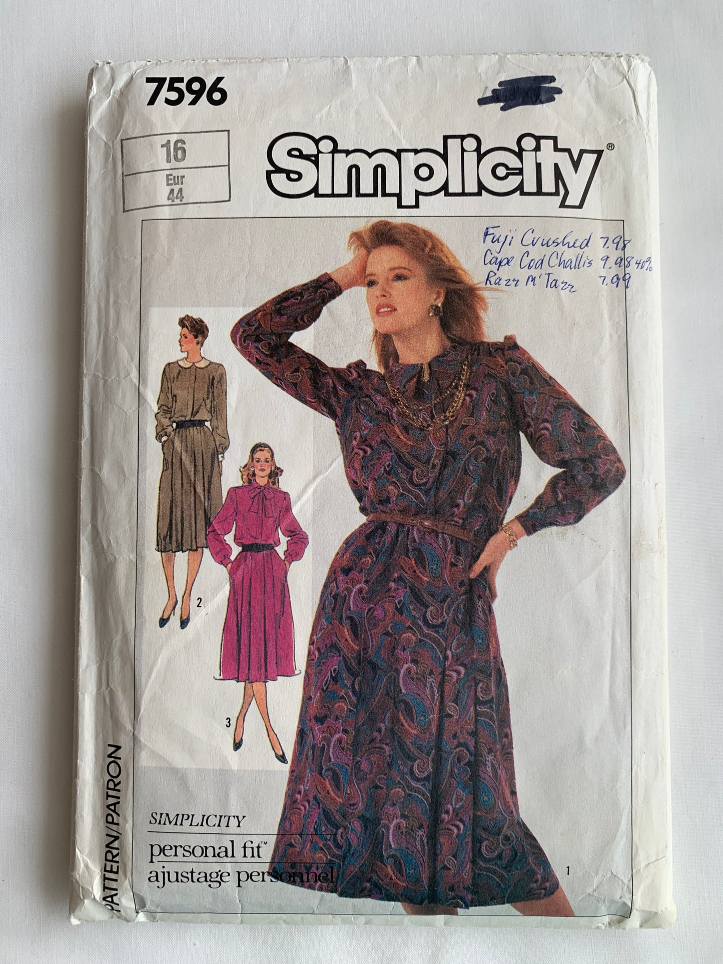 Simplicity Sewing Pattern 7596 Misses' Pullover Dress, Flared, Gathered Waist, Long Sleeves, Pockets, Pleats, Size 16, Cut, Vintage 1986