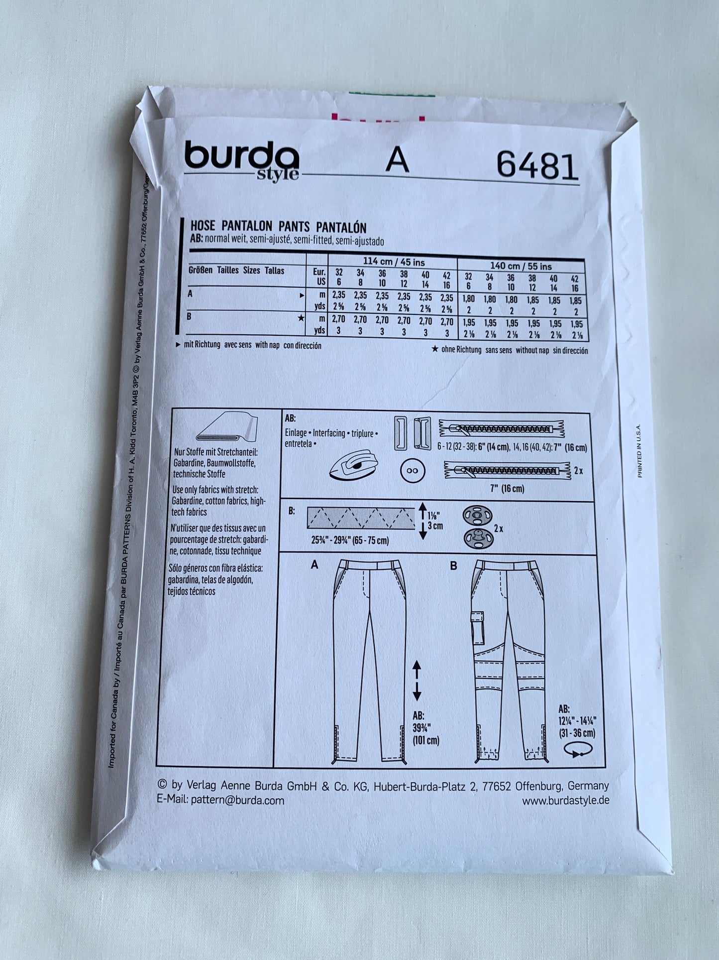 Burda Sewing Pattern 6481 Misses' Pants, Zipper Fly, Semi-Fitted, Pockets, 2 Variations, Size 6-16, Cut, 2017