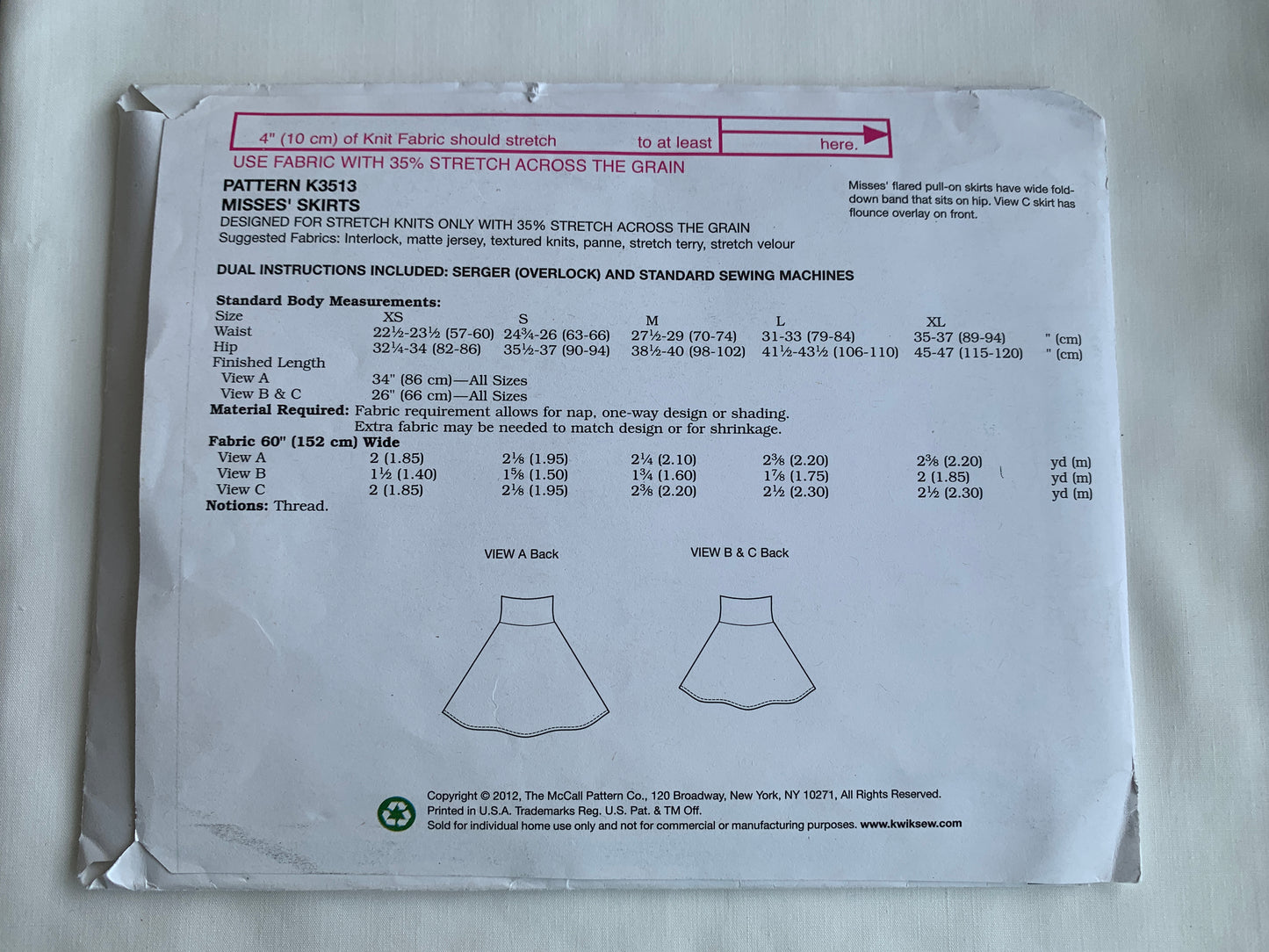 KWIK Sewing Pattern K3513 Misses' Skirts, 4 Variations, Pull-On, Flounce, Flared, Size XS-L, Cut, 2012