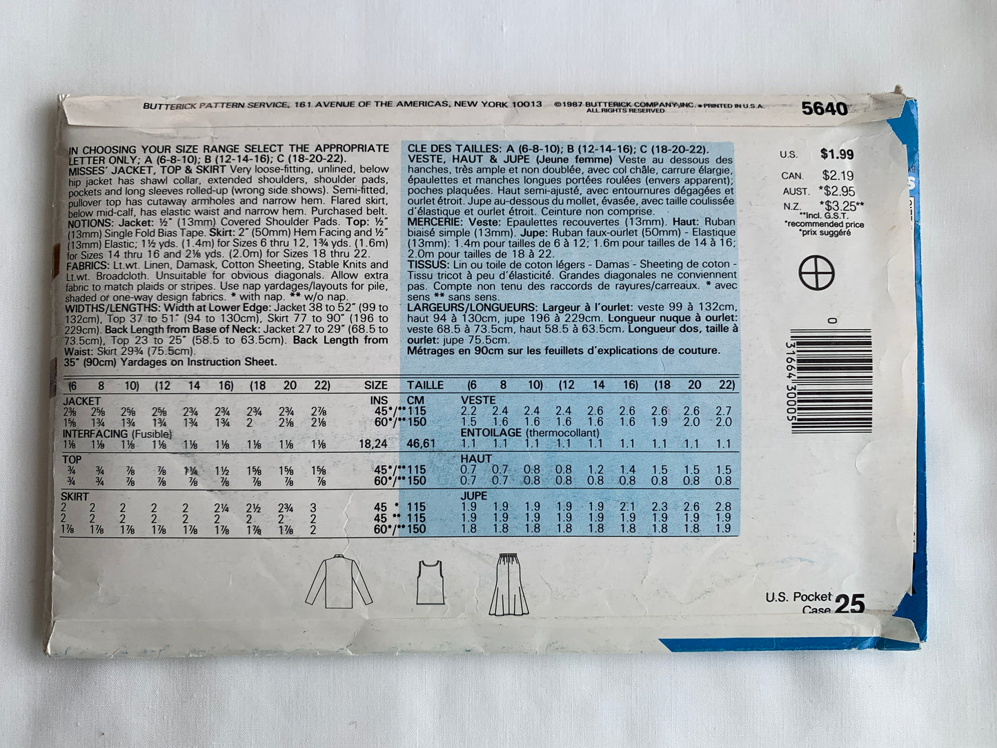 Butterick See & Sew Sewing Pattern 5640 Misses' Top, Skirt, Jacket, Loose-Fitting, Shoulder Pads, Elastic Waist, Size 6-8, Cut, Vintage 1987