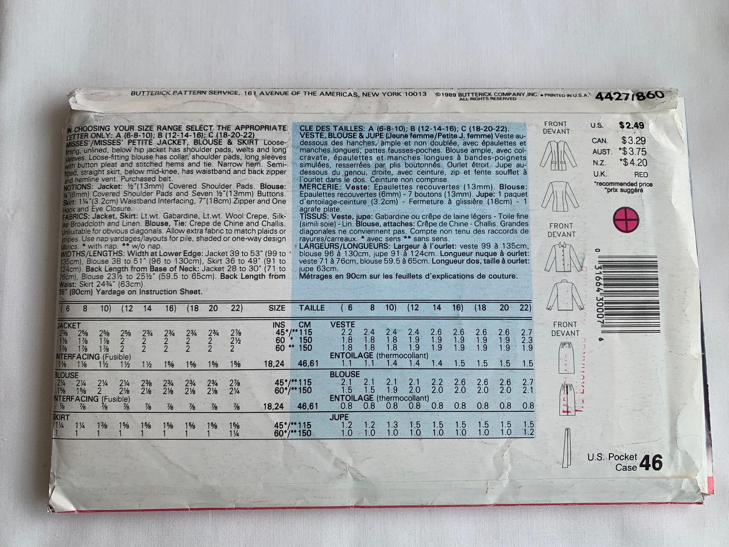 Butterick See & Sew Sewing Pattern 4427 Misses'/Misses' Petite Jacket, Blouse & Skirt Semi-Fitted, Lined, Shoulder Pads, Long Sleeves, Two Lengths, Long Sleeves, Size 6-10, Cut, Vintage 1989