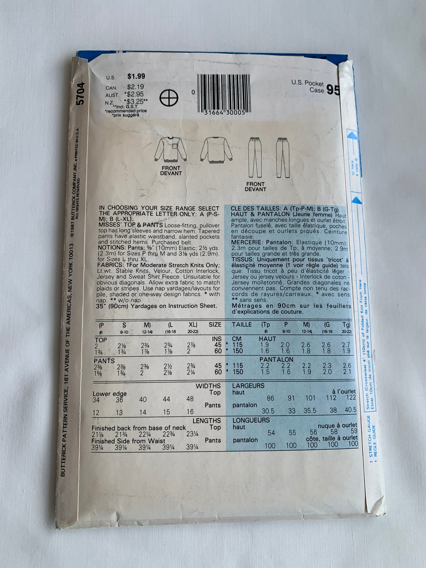 Butterick See & Sew Sewing Pattern 5704 Misses' Top, Pants, Loose-Fitting, Pocket, Pullover, Elastic Waist, Size 8-10, Cut, Vintage 1987